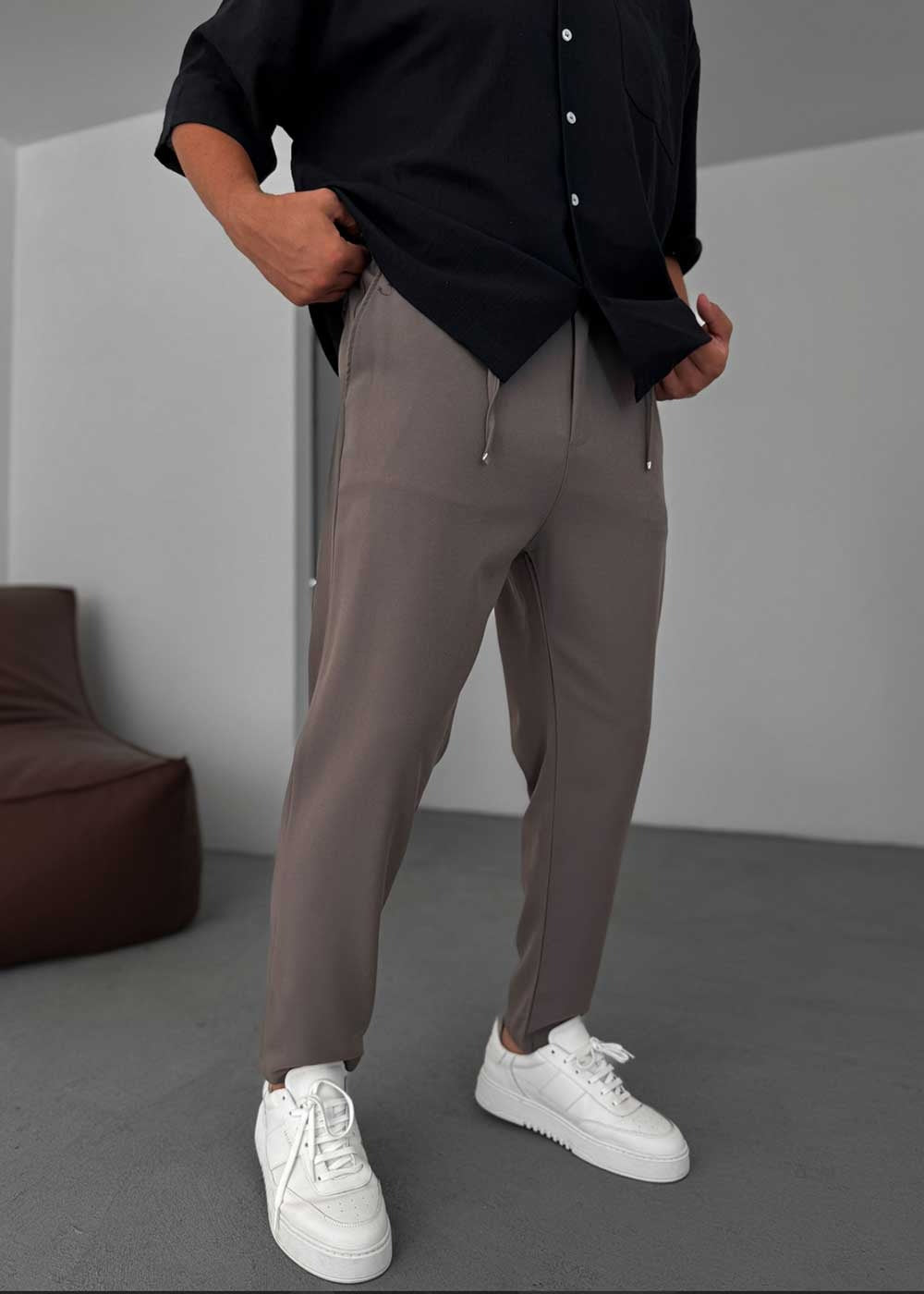 Relaxed Fit Υφασμάτινο Παντελόνι με Λάστιχο – Καφέ – 3