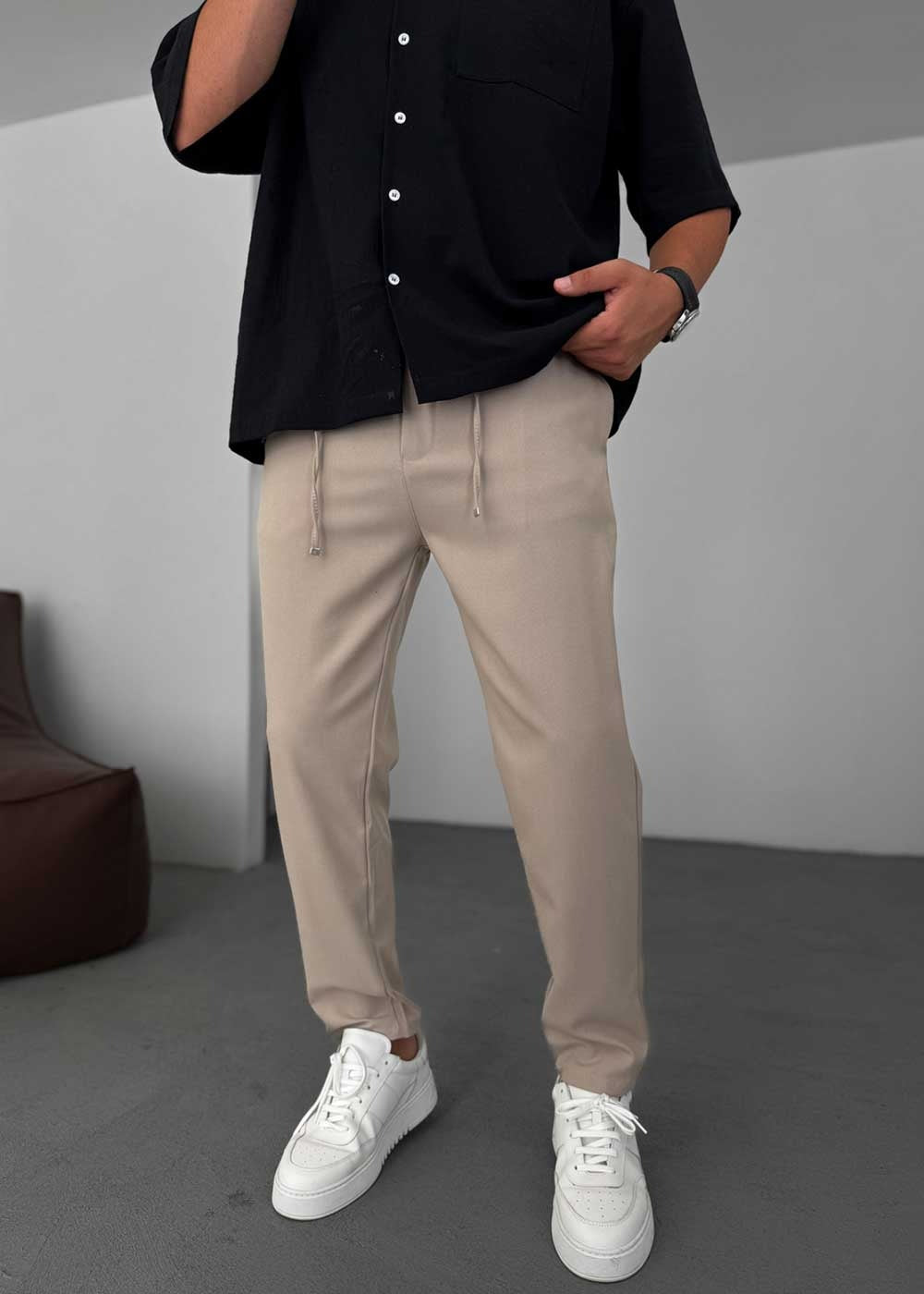 Relaxed Fit Υφασμάτινο Παντελόνι με Λάστιχο – Μπεζ