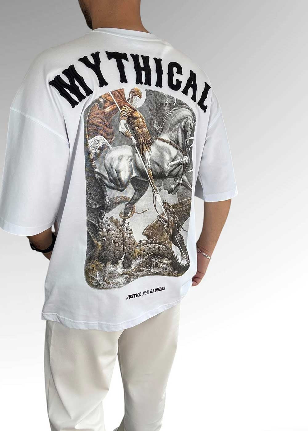 Mythical Oversized T-Shirt με Τύπωμα και Κεντημένο Λογότυπο – Λευκό – 3