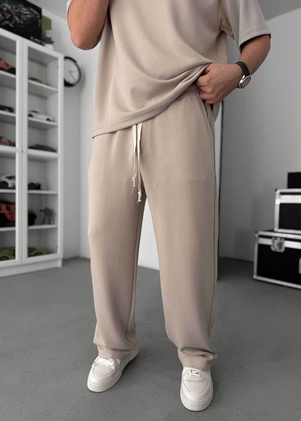 Embossed Modal Oversized T-Shirt & Relaxed Jogger Σετ – Μπεζ – 3