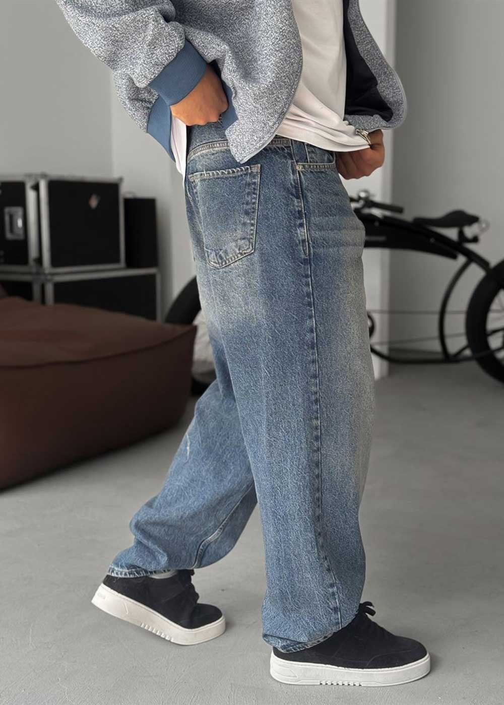 Washed Baggy Jean με Τονισμένες Ραφές – Σκούρο Μπλε – 2