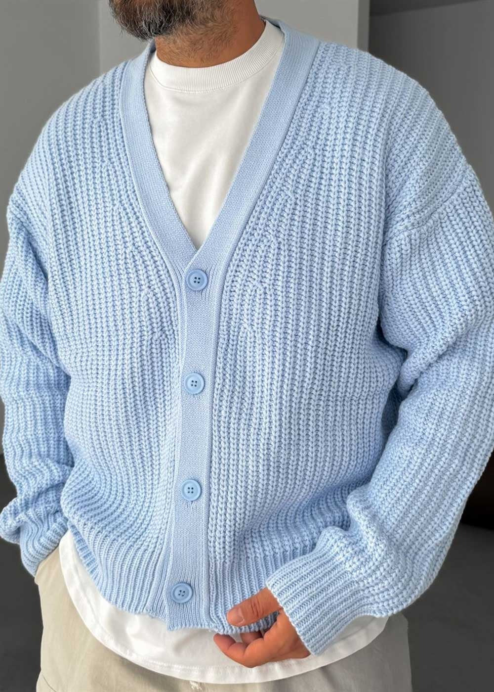 Γαλάζιο Oversize Πλεκτή Ζακέτα με Κουμπιά – 2