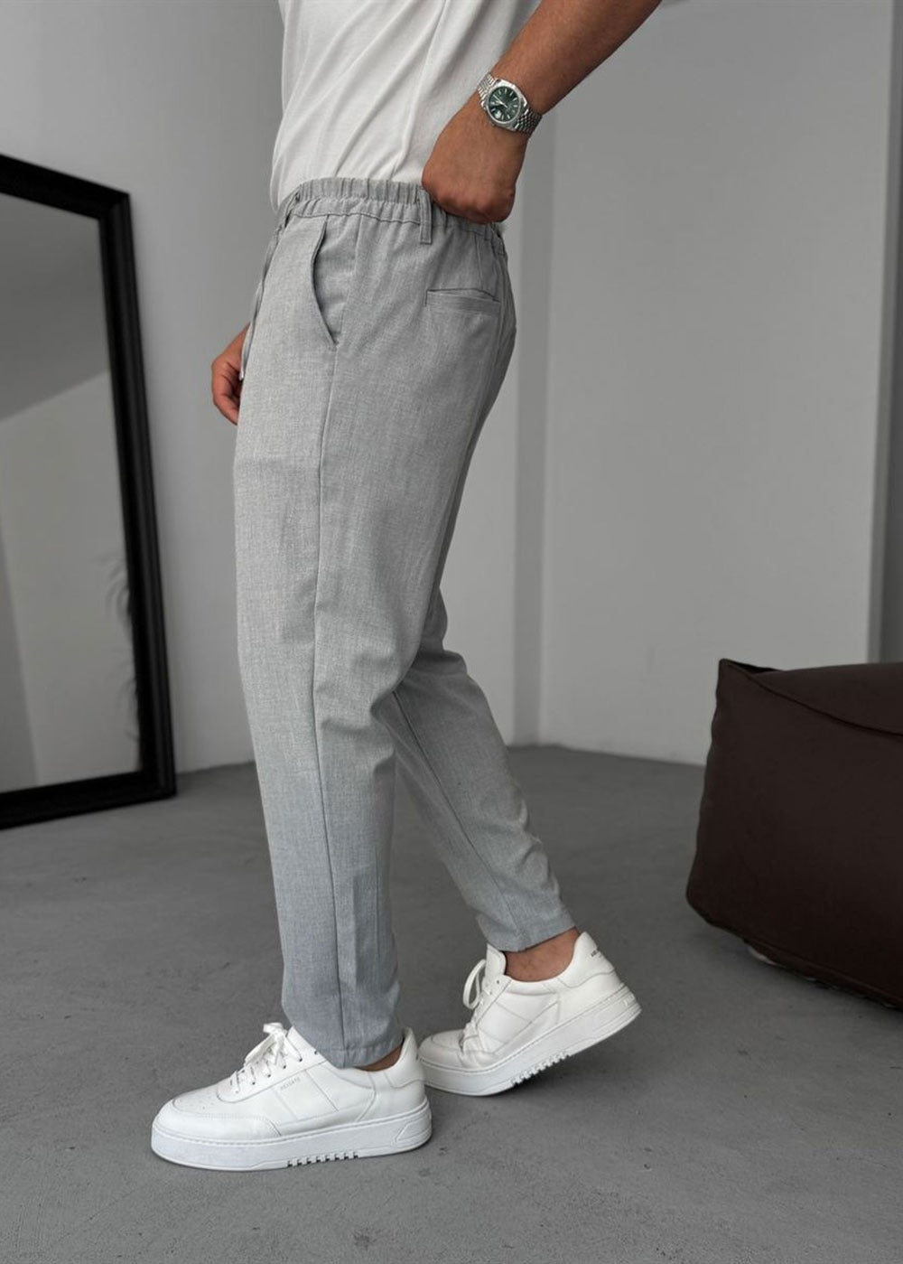 Relaxed Fit Υφασμάτινο Παντελόνι με Λάστιχο – Γκρι