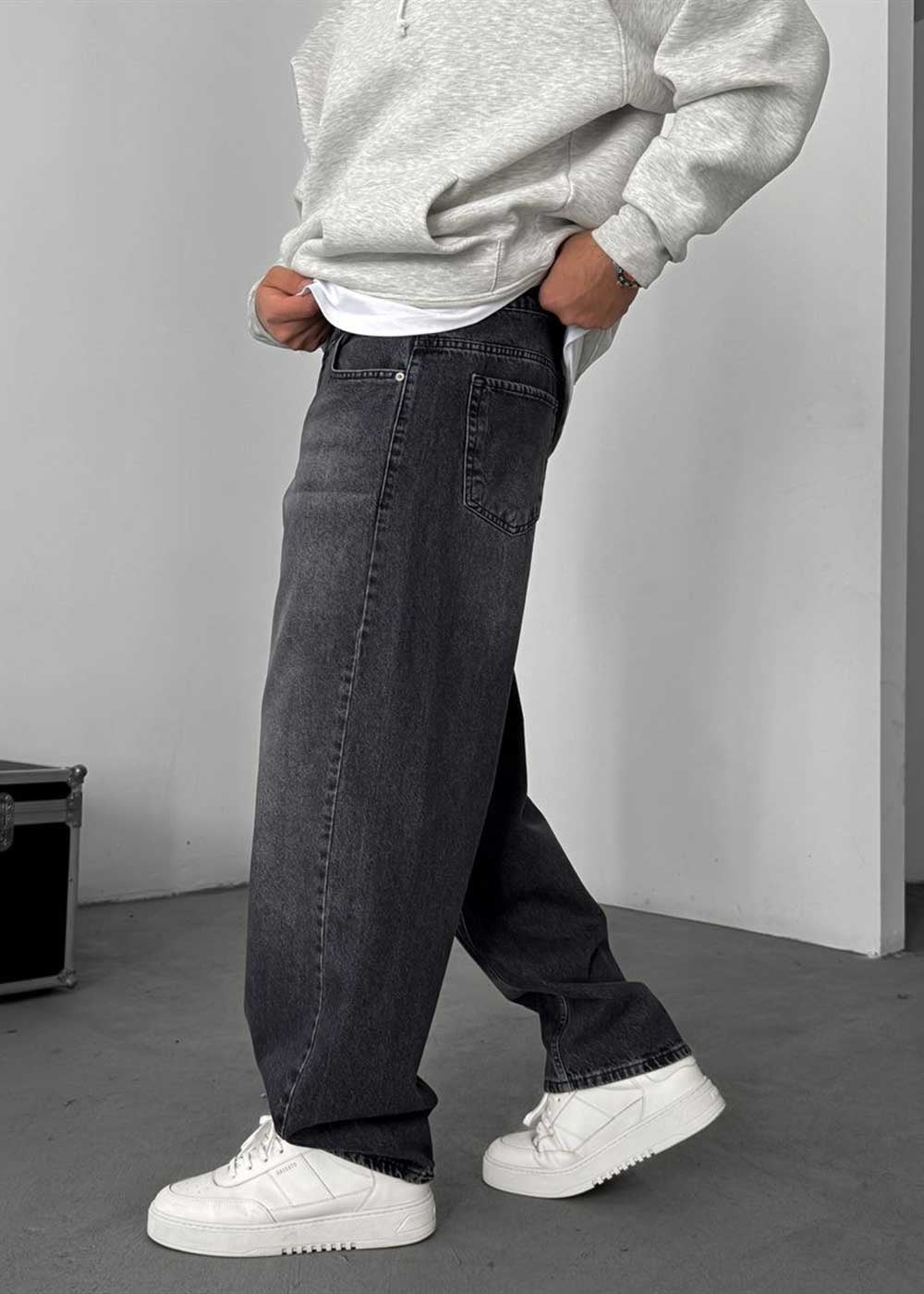 Washed Baggy Jean με Τονισμένες Ραφές – Ανθρακί – 4