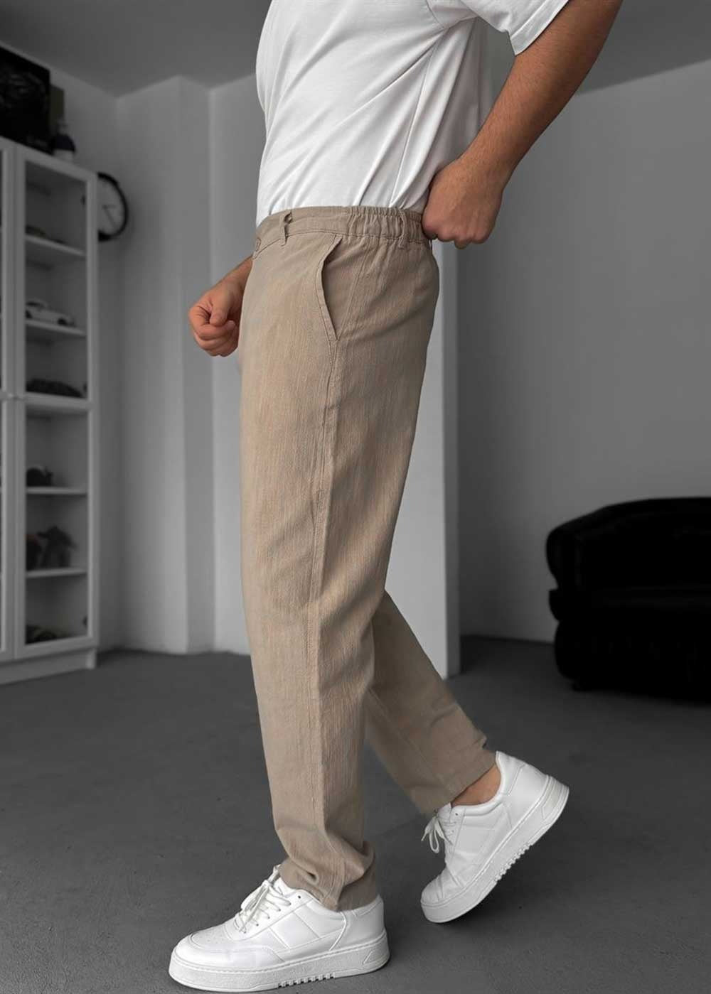 Linen-Texture Regular Fit Παντελόνι – Μπεζ – 3