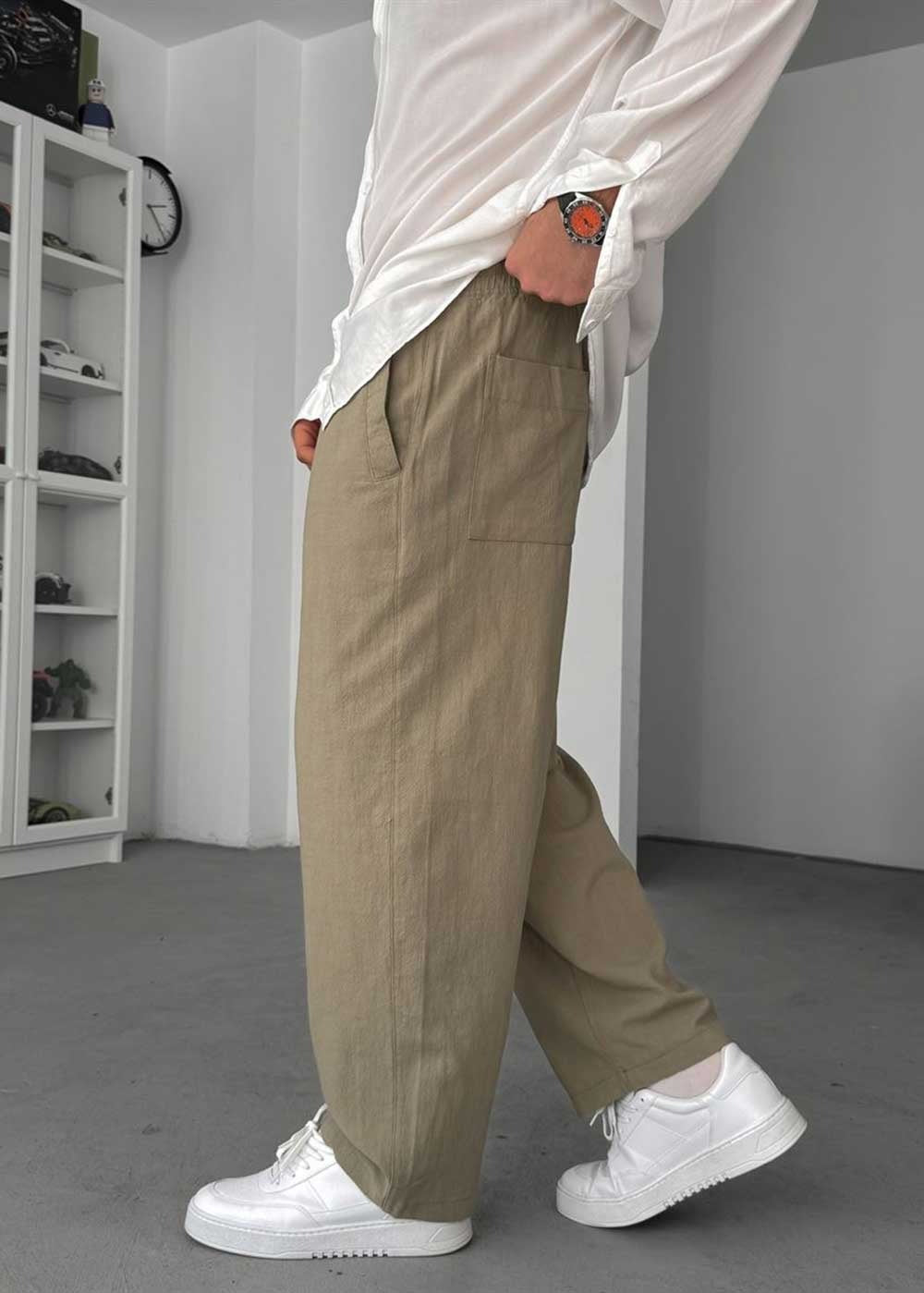 Baggy Παντελόνι Linen-Touch – Χακί