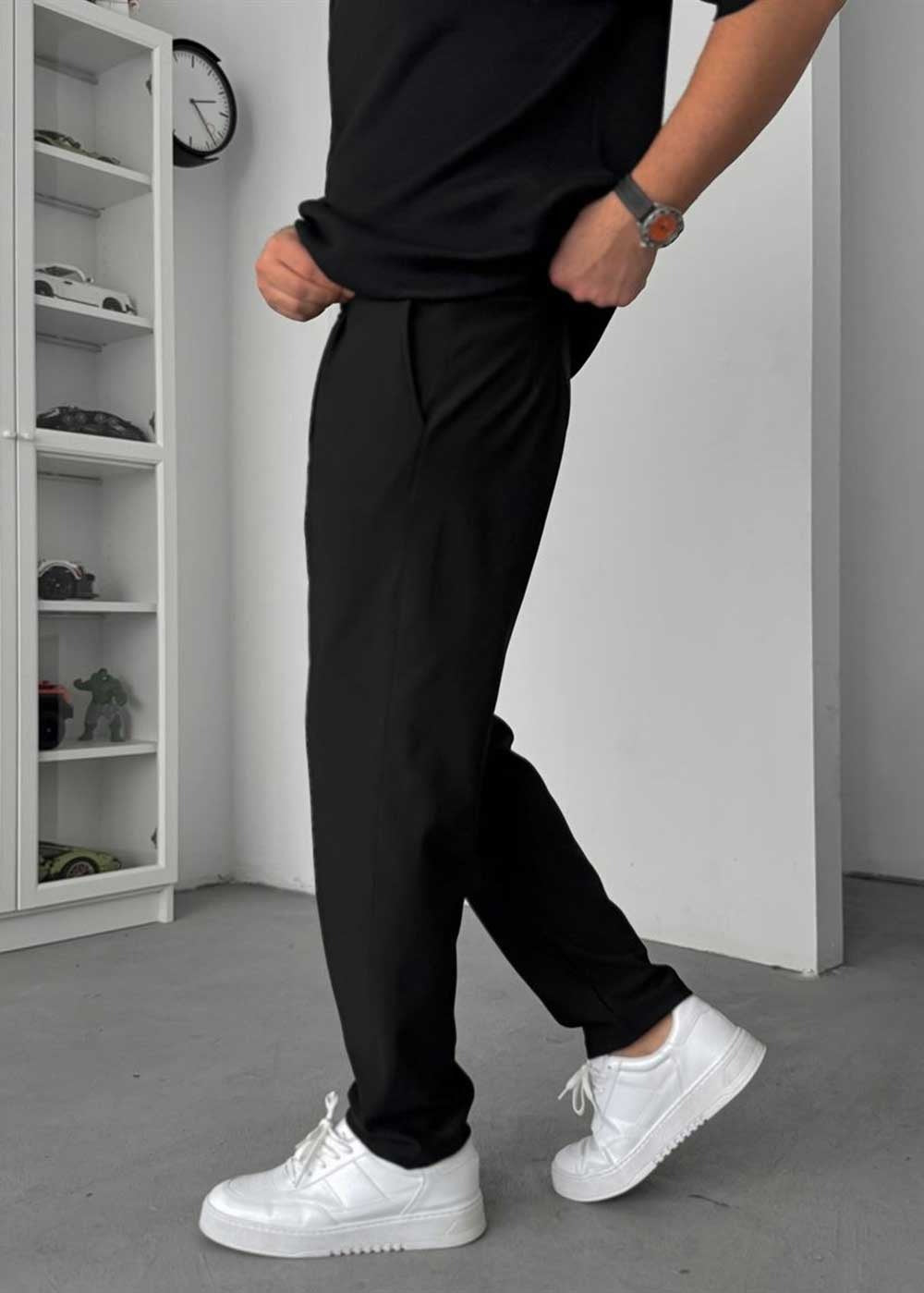 Textured Straight Fit Παντελόνι – Μαύρο – 3