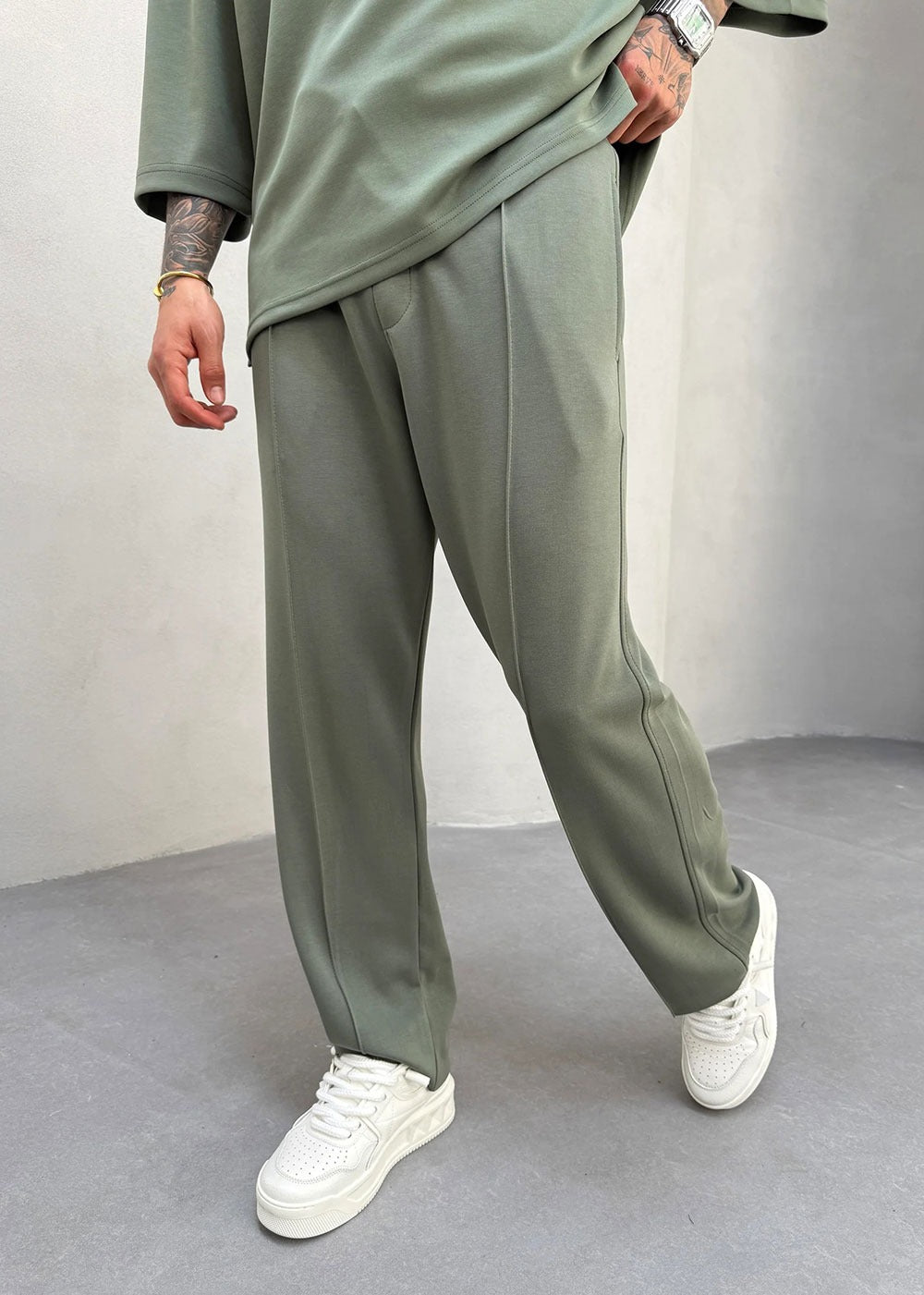Minimal Co-Ord Σετ Jogger και 3/4 Μπλούζα με Ελαστικό Ύφασμα – Χακί – 6