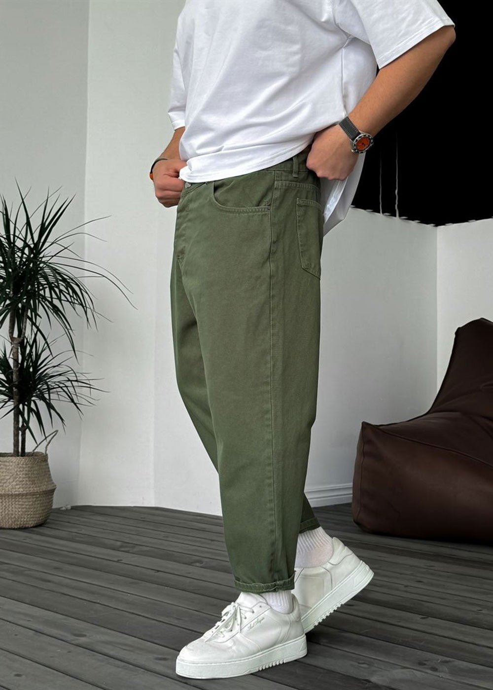 Basic Παντελόνι Τζιν Loose Fit -Χακί – 3