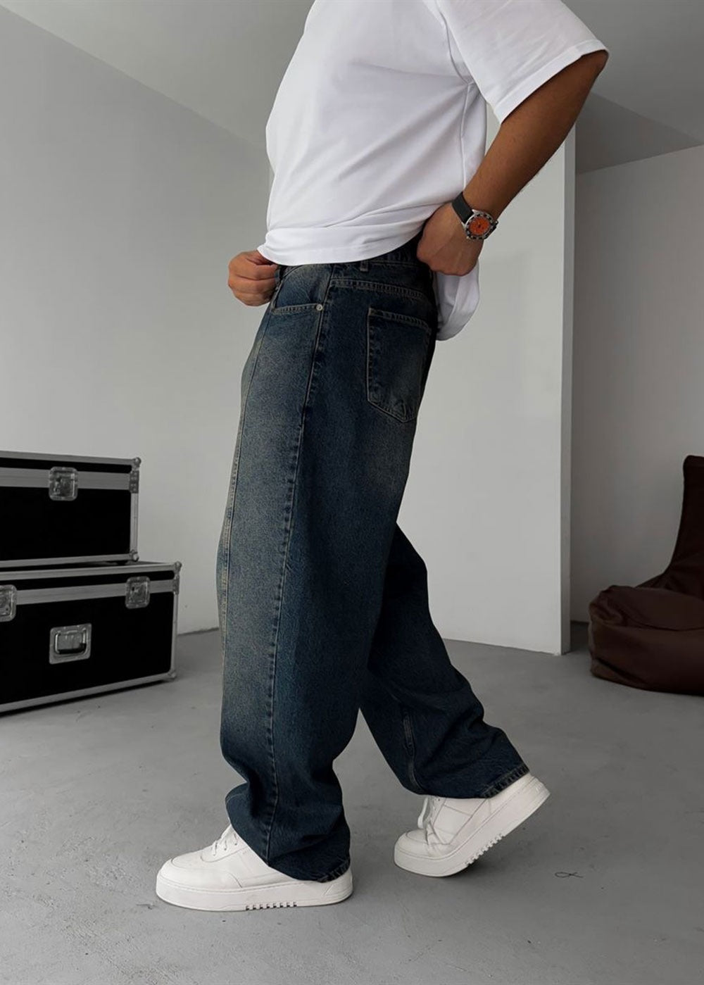 Washed Baggy Jean με Τονισμένη Μπροστινή Ραφή – Μπλε Πεπαλαιωμένο – 4