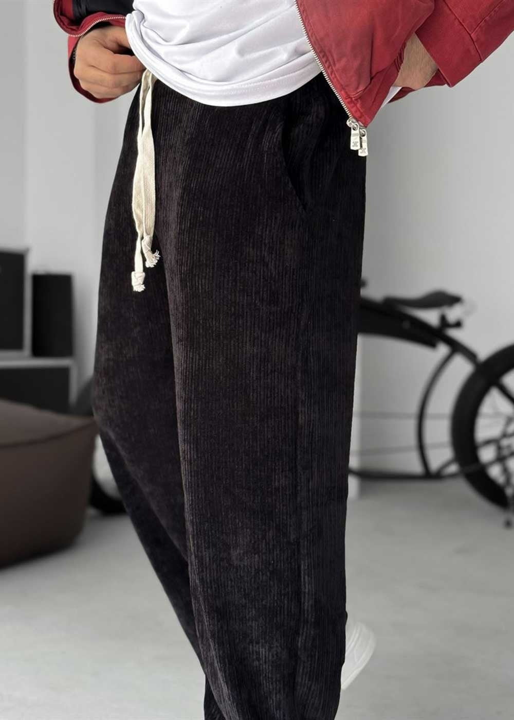 Κοτλέ Corduroy Baggy Παντελόνι με Λάστιχο στη Μέση – Μαύρο – 3