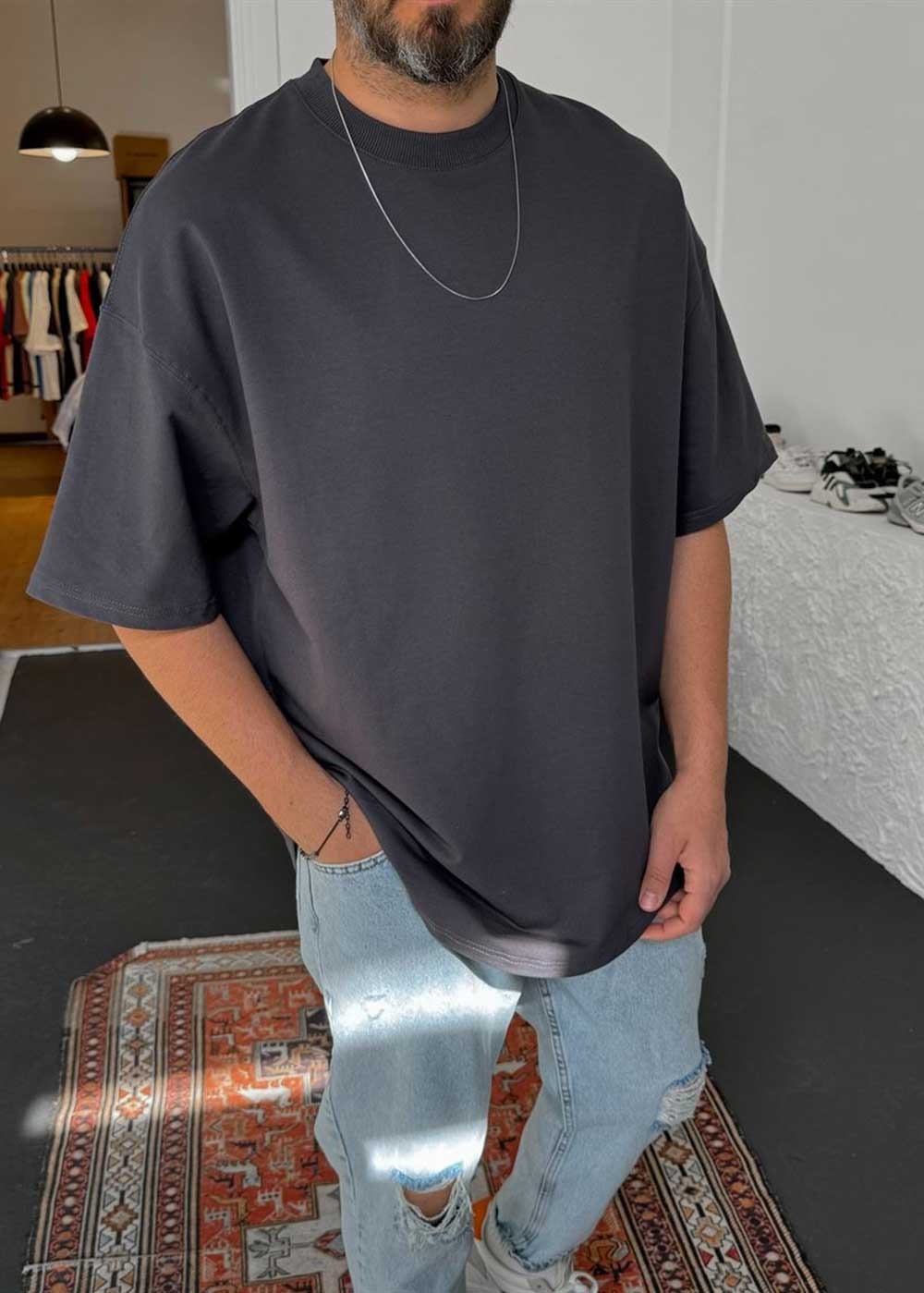 Basic Oversized T-Shirt Με Οβάλ Τελείωμα Σε Ύφανση Δύο Κλωστών-Ανθρακί – 4