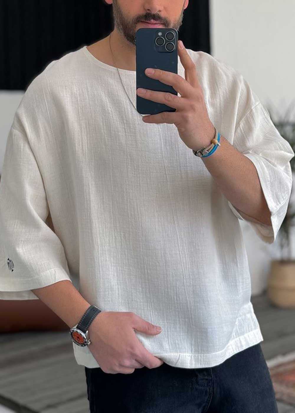 Three-Quarter 3/4 Sleeve T-Shirt σε Ύφανση Μουσελίνα – Μπεζ – 4