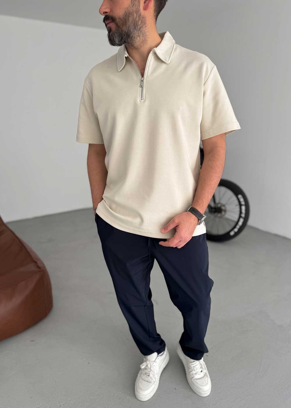Polo Oversized T-Shirt Με Φερμουάρ – Μπεζ – 4