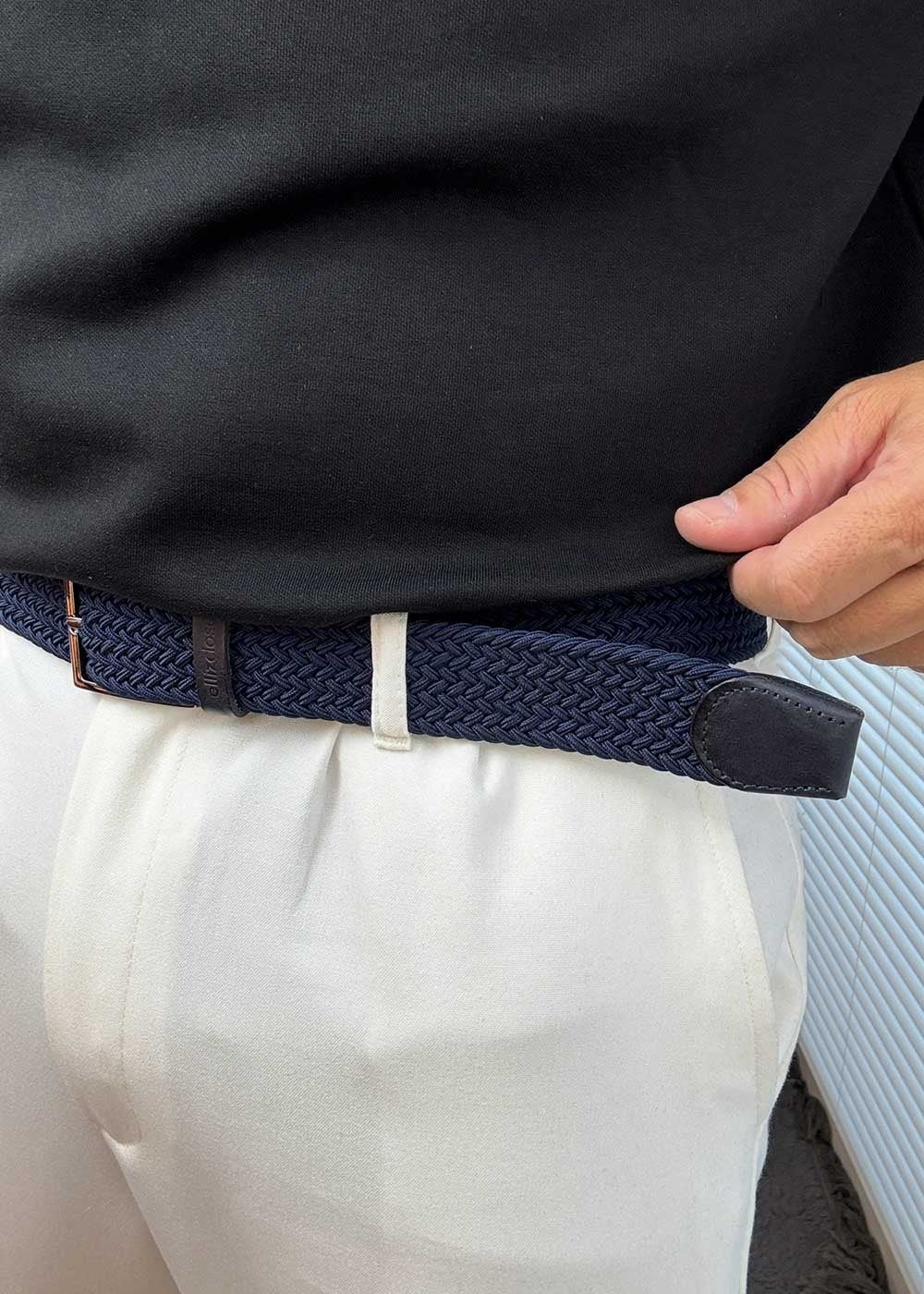 Ellizcloset πλεκτή ελαστική ζώνη με τελείωμα από δέρμα – Μπλε – 2