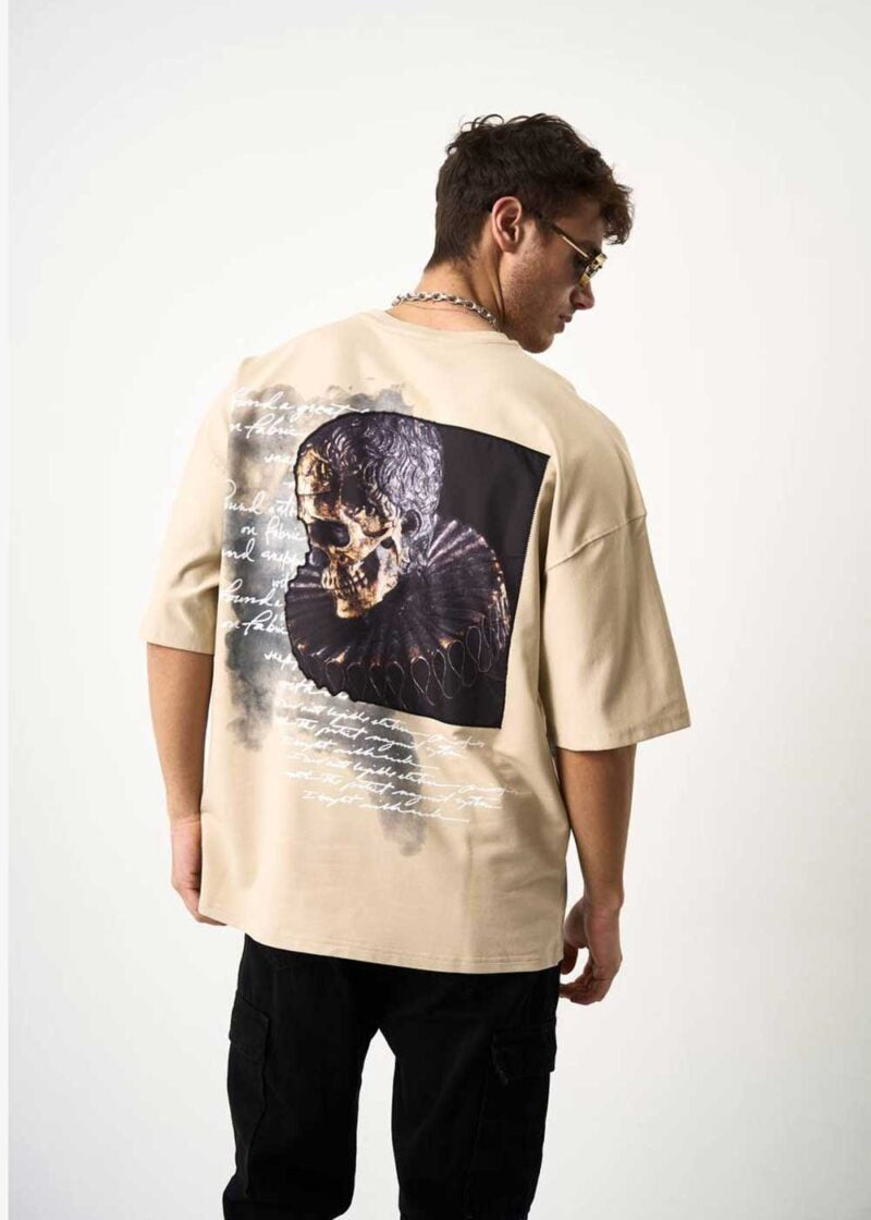 Skull Patches Oversized T-Shirt Με Σχέδιο – Μπεζ – 4
