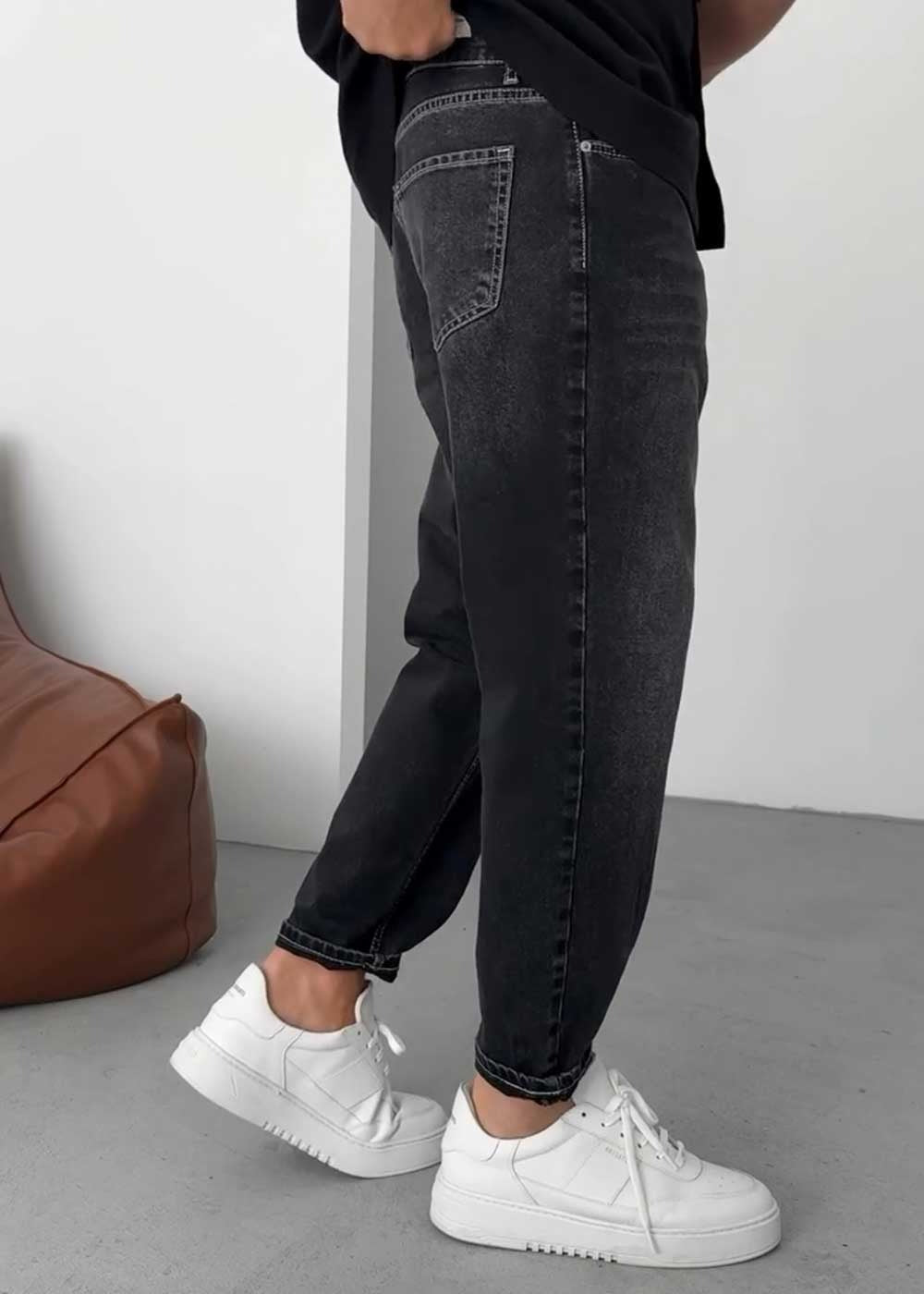 Παντελόνι Τζιν Loose Fit Με Ραφές Και Ξεβαμμένο Εφέ – Ανθρακί – 3
