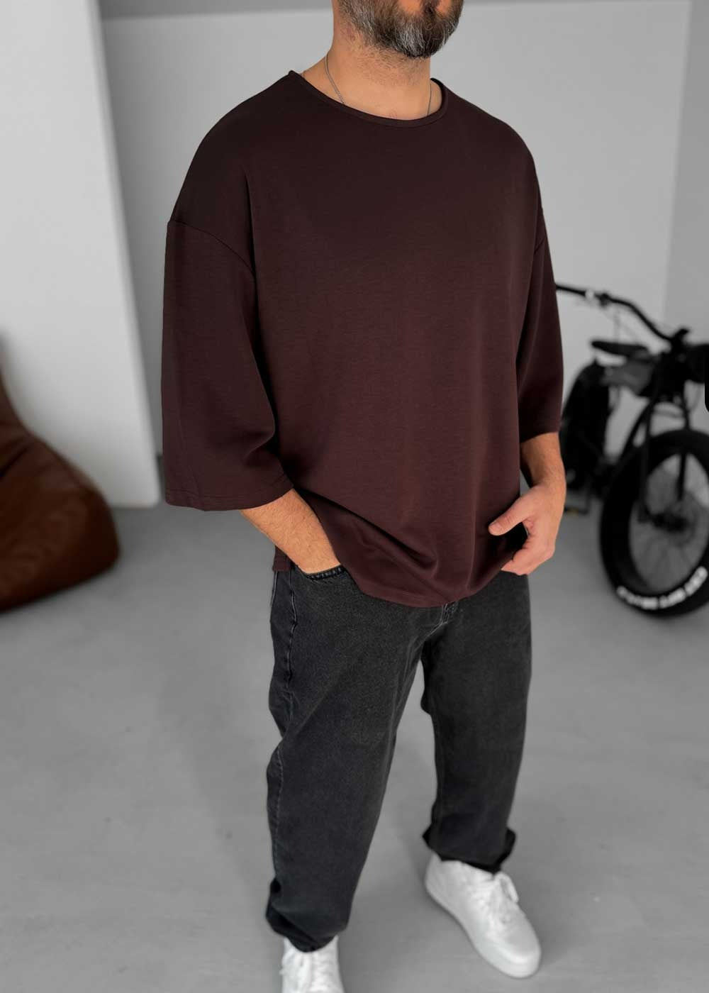 Three-Quarter 3/4 Sleeve T-Shirt Με Ελαστικότητα – Σκούρο Καφέ – 3