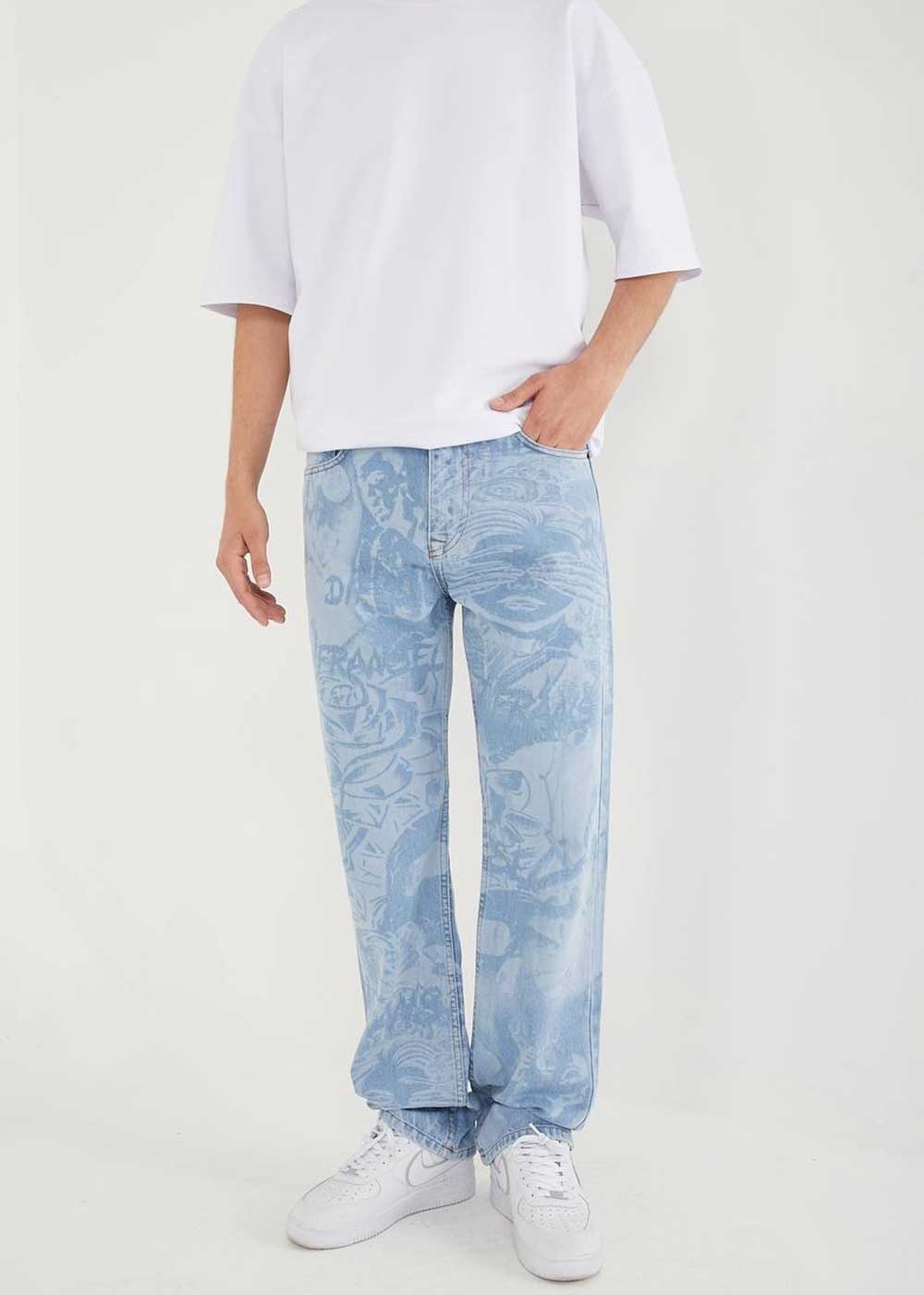 Full Printed Baggy Denim Παντελόνι - Ανοιχτό Γαλάζιο – 6