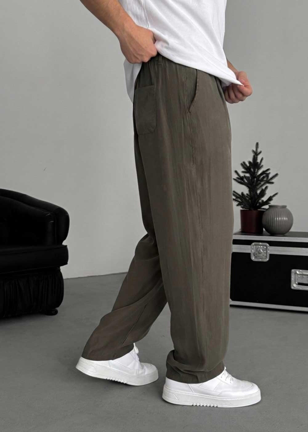 Premium Baggy Παντελόνι από Tencel με Πιέτες – Χακί – 3