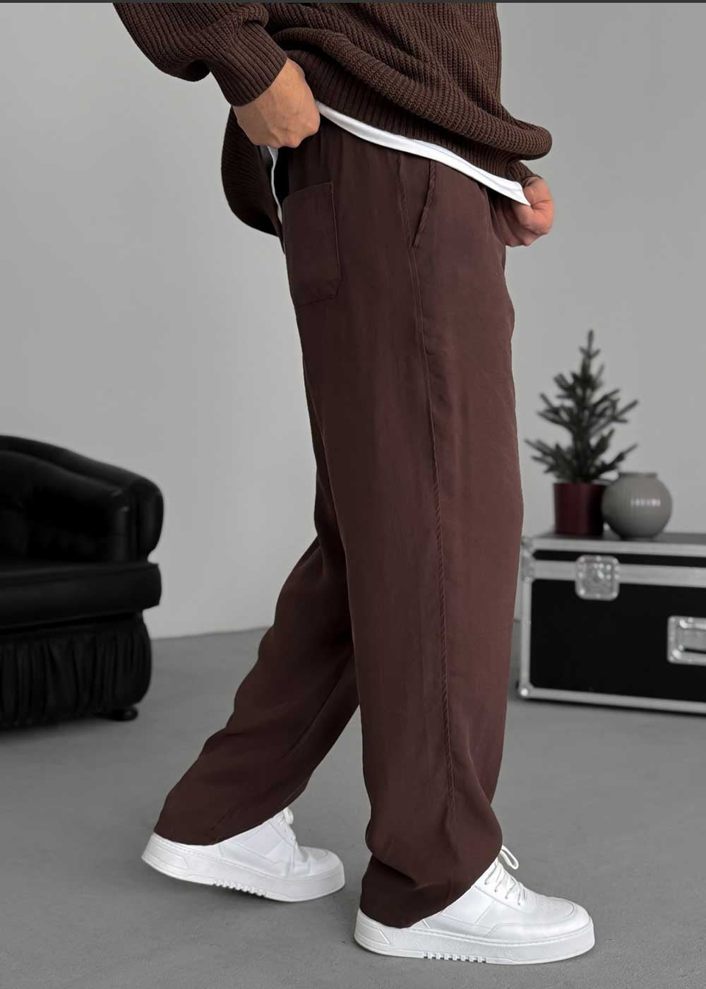 Premium Baggy Παντελόνι από Tencel με Πιέτες – Καφέ – 3
