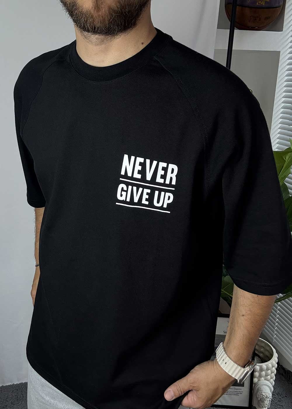 Oversized T-Shirt Never Give Up – Μαύρο – 4