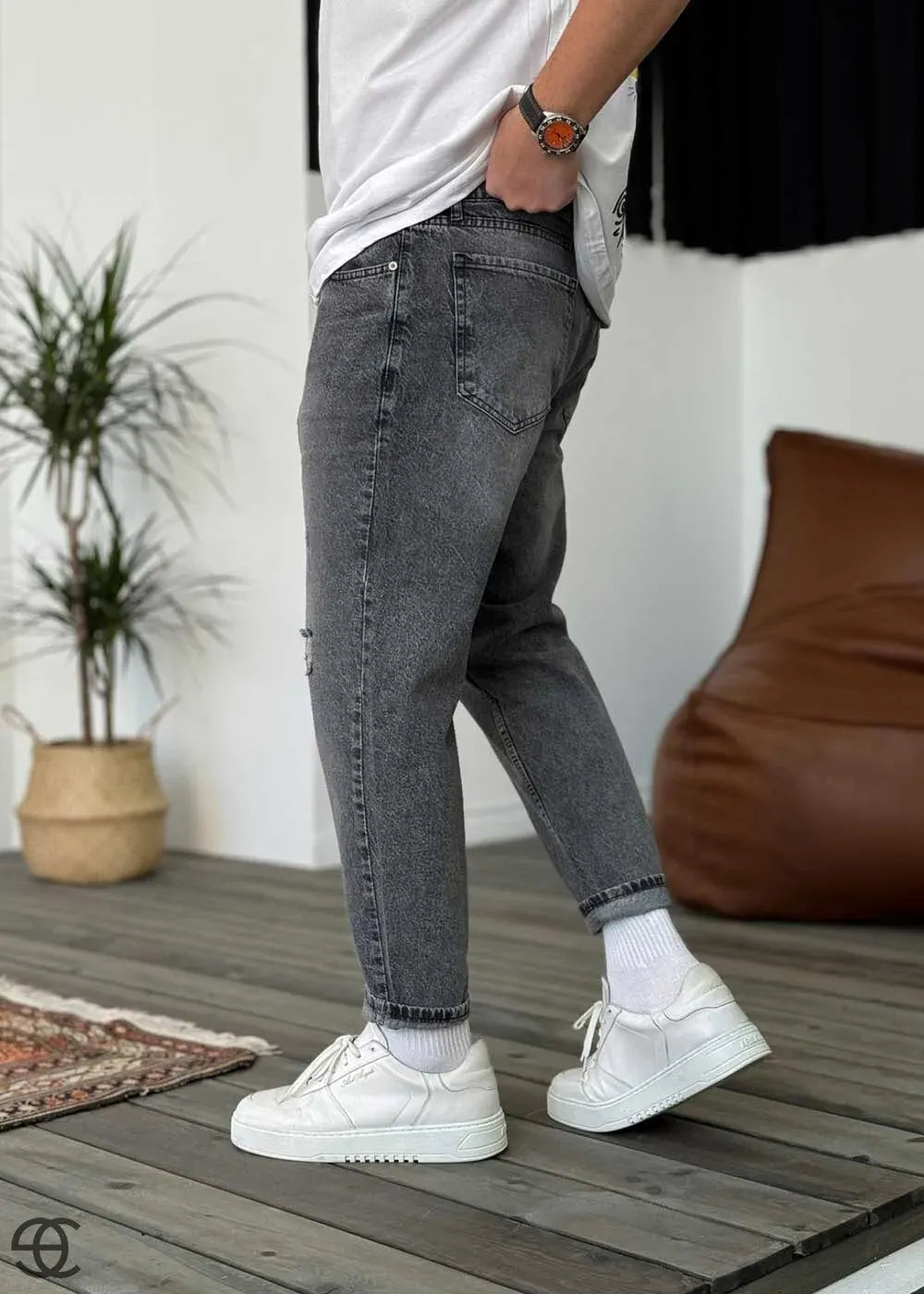Παντελόνι Τζιν Loose Fit Με Μικρά Σκισίματα - Γκρι Σκούρο – 4