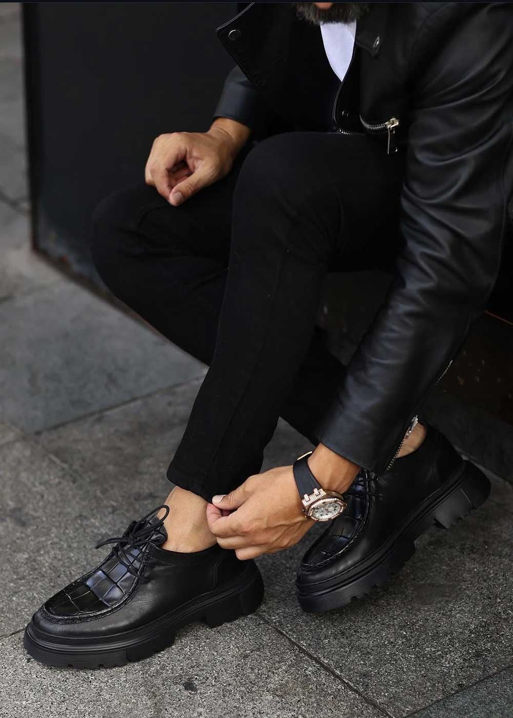 Leather Loafers με Ανάγλυφη Croco Ύφή – Μαύρο – 4
