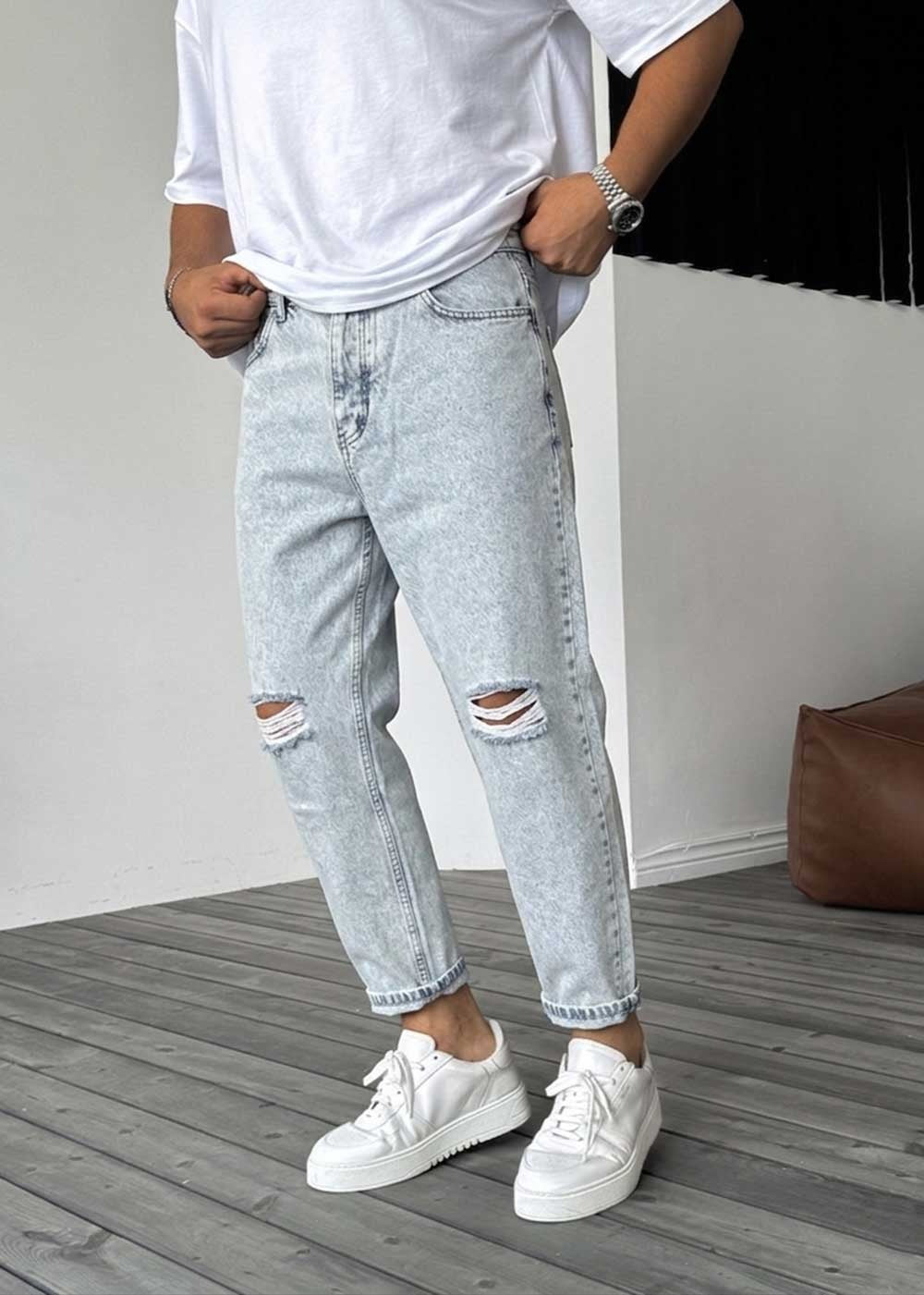 Παντελόνι Loose Fit Jean Με Σκίσιμο Στα Γόνατα  - Γαλάζιο – 4