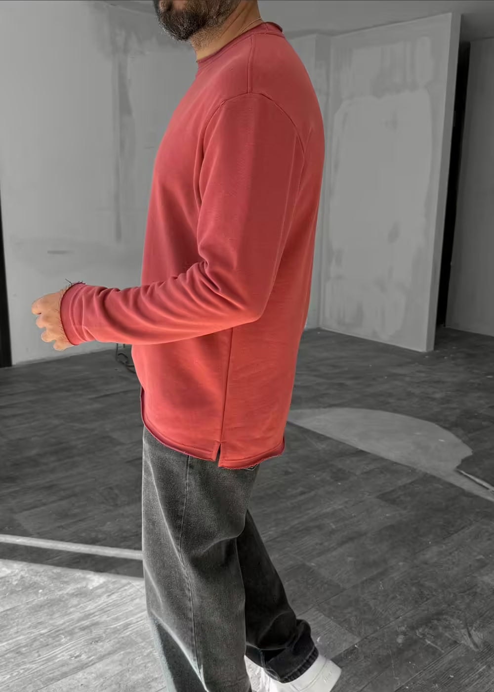 Oversized Λεπτή Μπλούζα Φούτερ Με Ξέφτια Στον Γιακά Και Στα Μανίκια - Σάπιο Μήλο