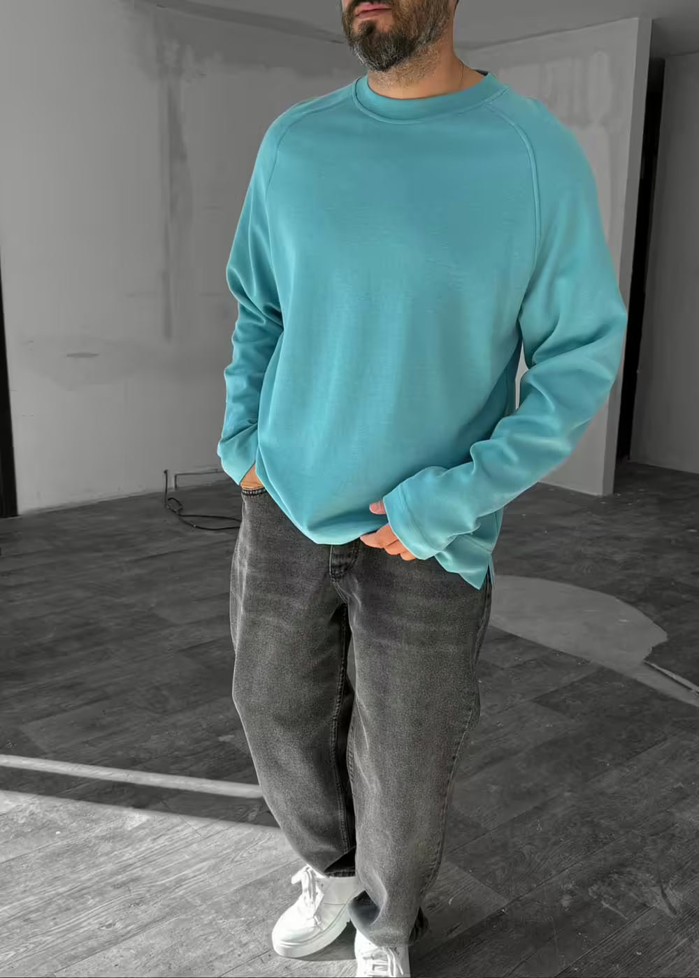 Oversized Λεπτή Μπλούζα Φούτερ Με Στρογγυλό Γιακά – Γαλάζιο Ουρανί