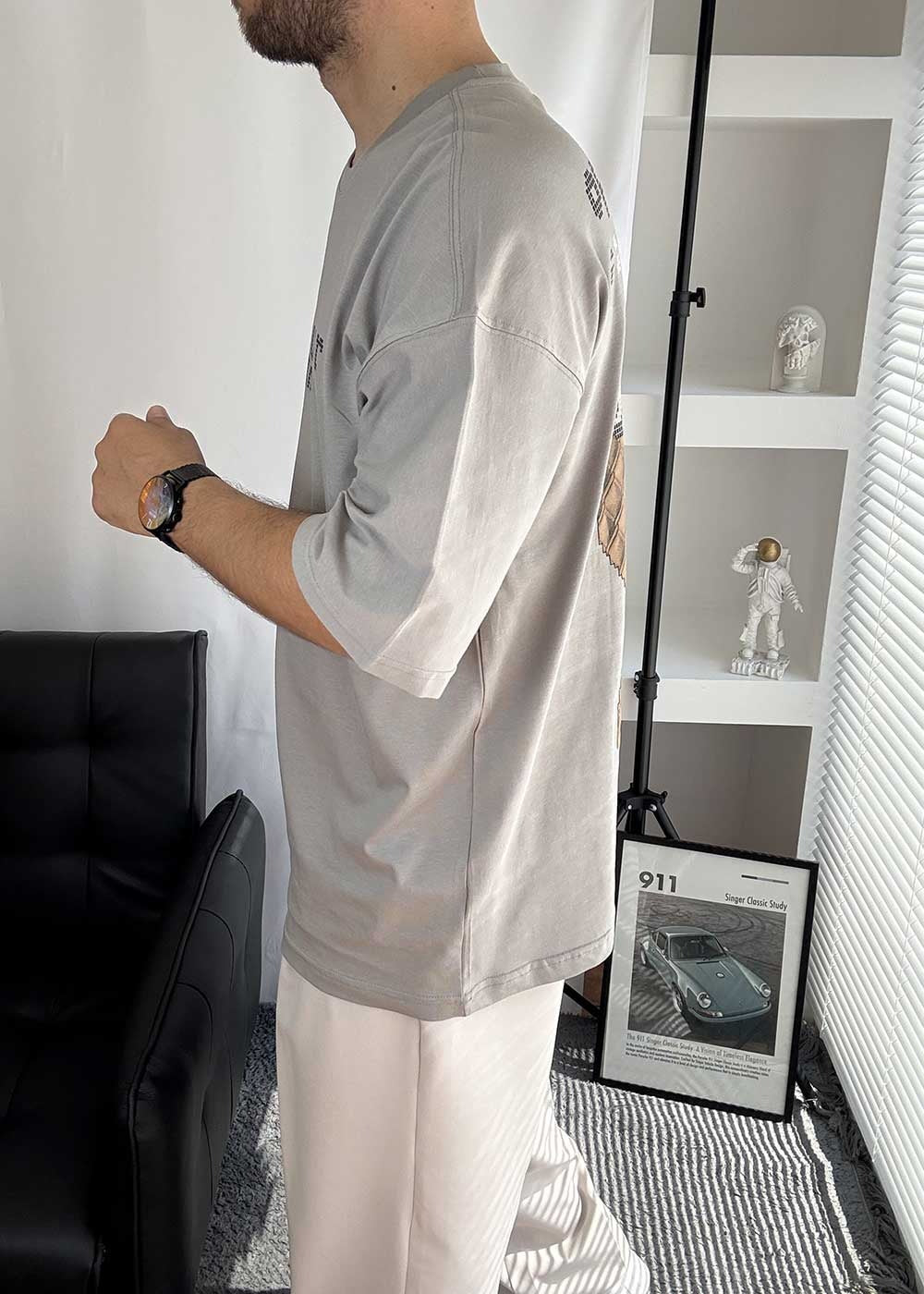 Open Your Mind Oversized T-Shirt με Τύπωμα – Γκρι – 4