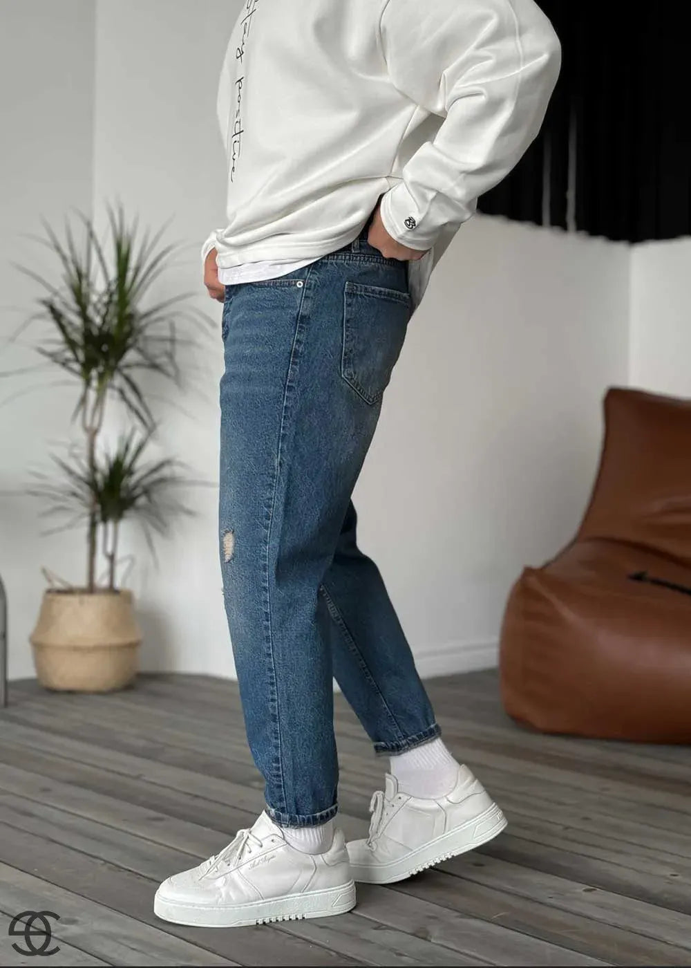 Παντελόνι Τζιν Loose Fit Ρετρό Επεξεργασμένο Μπλε Με Εφέ Πράσινου Και Σκισιματα – 2