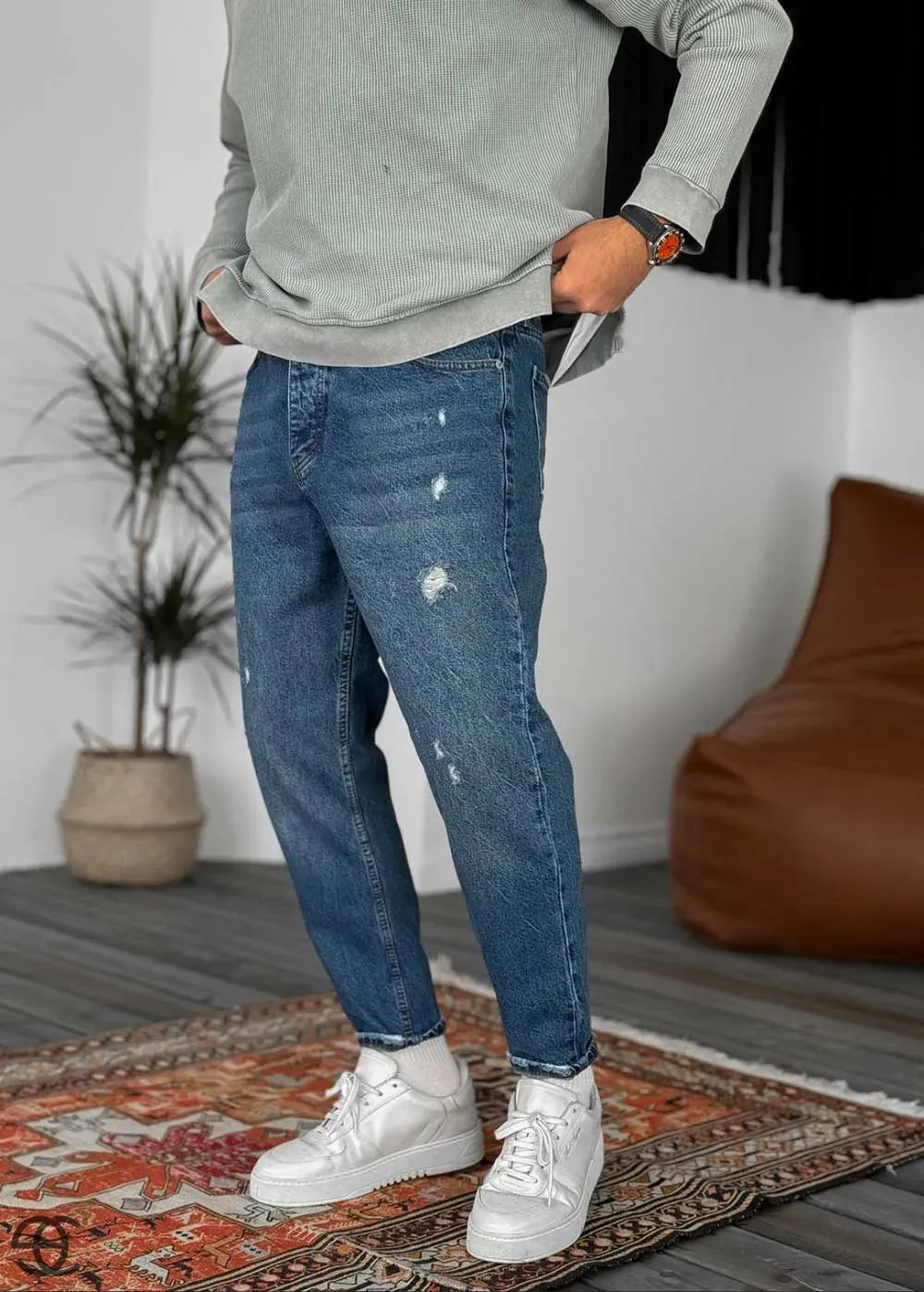 Παντελόνι Τζιν Loose Fit Ρετρό Μπλε Με Σκισίματα