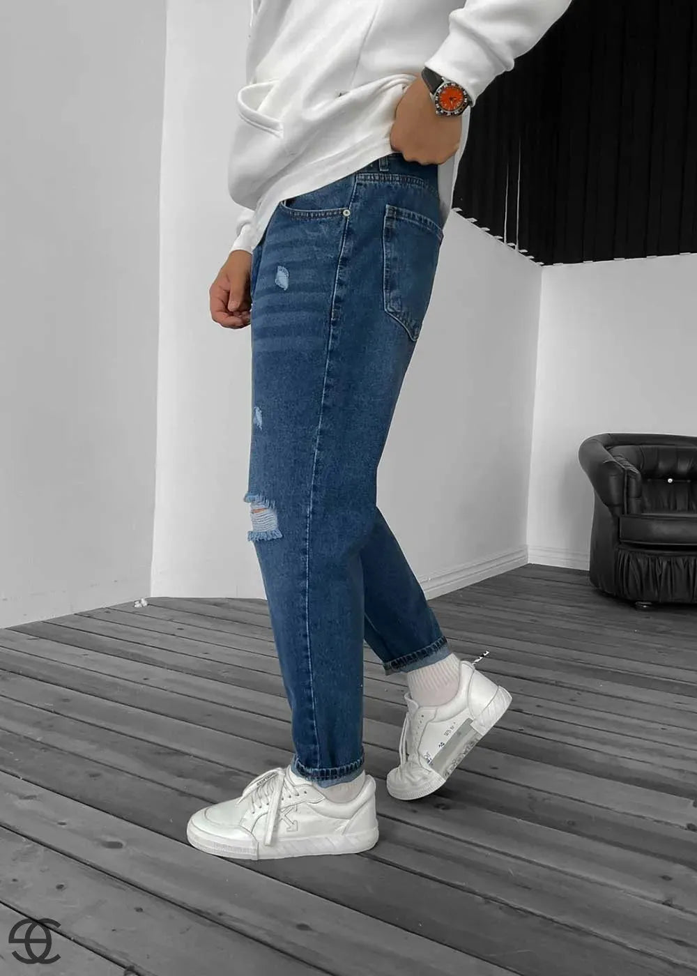 Παντελόνι Τζιν Loose Fit Με Σκισίματα Και Αντιθέσεις Στις Τσέπες – Μπλε – 4