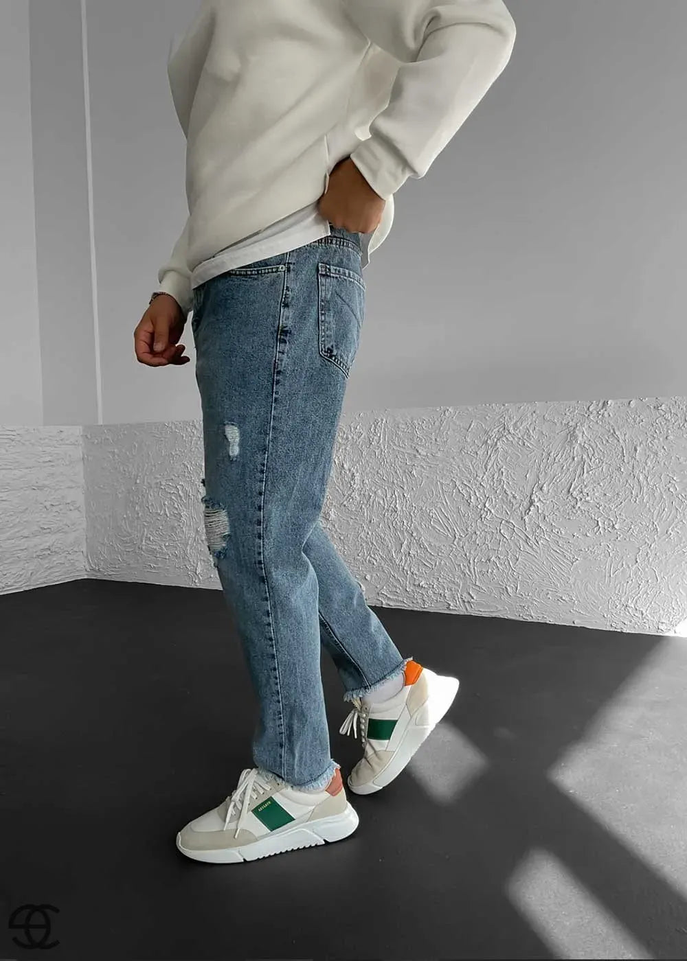 Παντελόνι Τζιν Loose Fit Με Σκίσιμο Στα Γόνατα Και Ξέφτια Στο Τελείωμα – Μπλε Επεξεργασμένο – 4