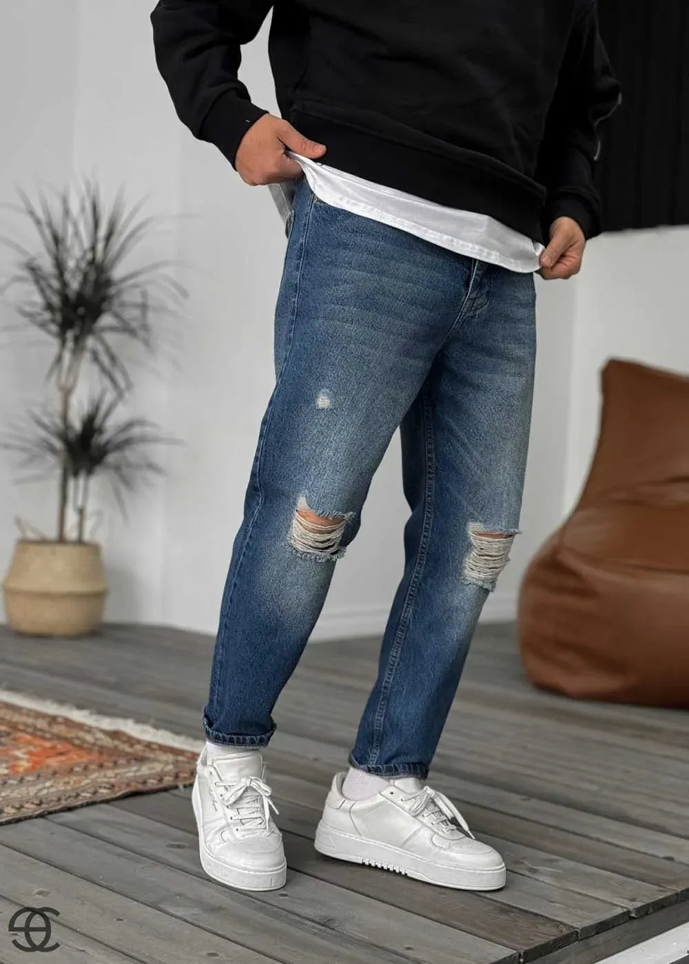 Παντελόνι Τζιν Loose Fit Πετροπλυμένο Με Σκίσιμο Στα Γόνατα - Μπλε – 2