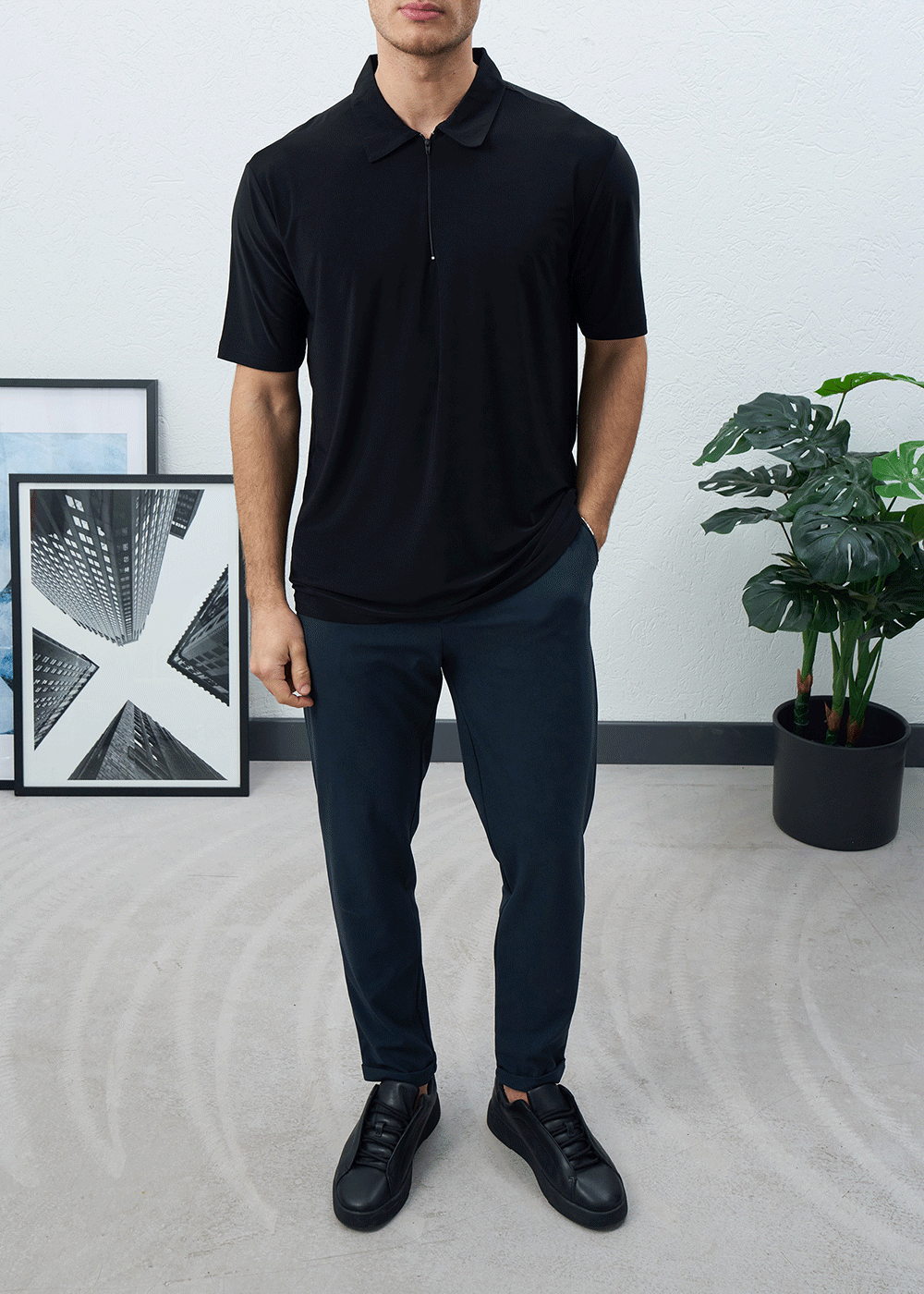 Polo T-Shirt Quarter-Zip Silk-Touch – Μαύρο – 4