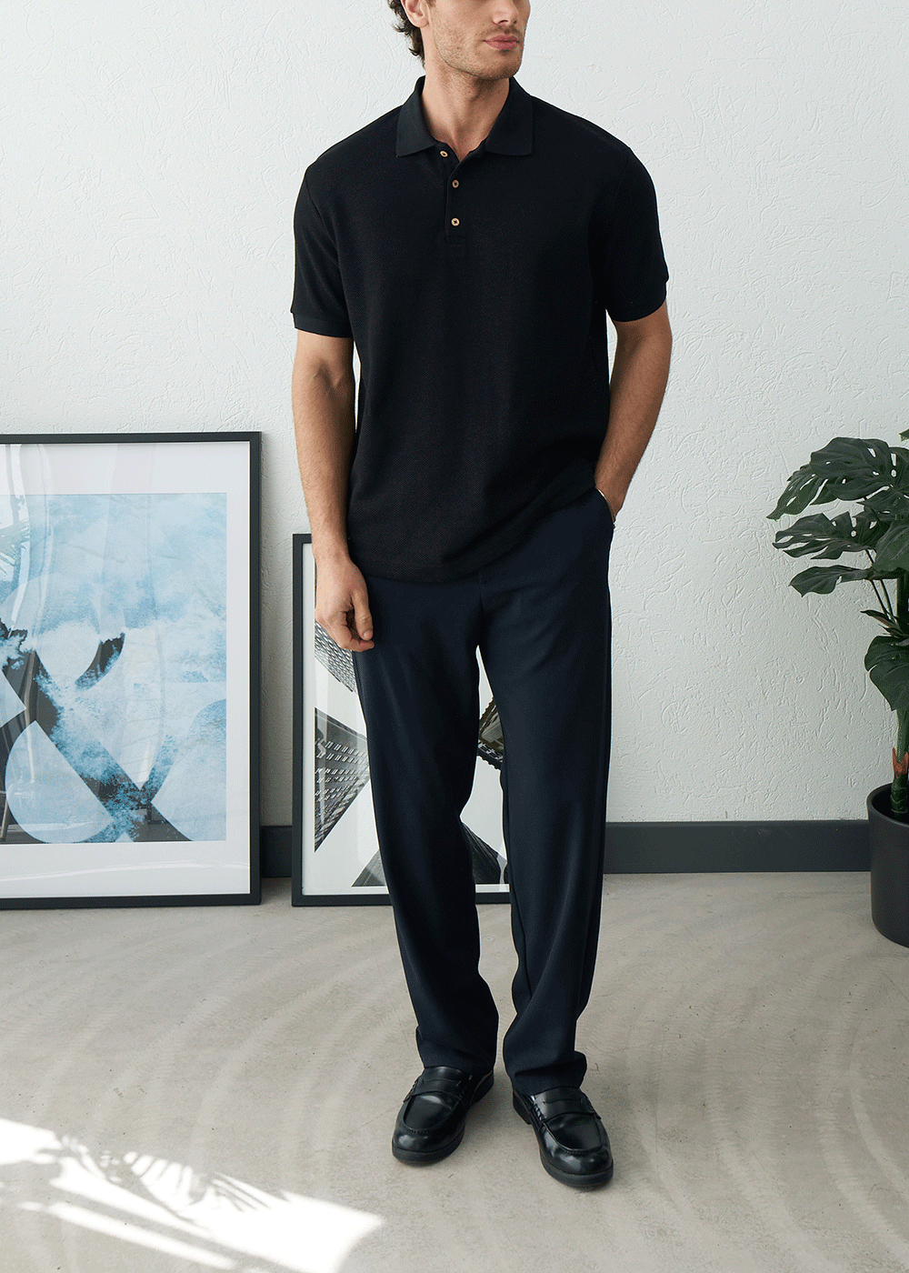 Polo T-Shirt Pique Textured – Μαύρο – 3