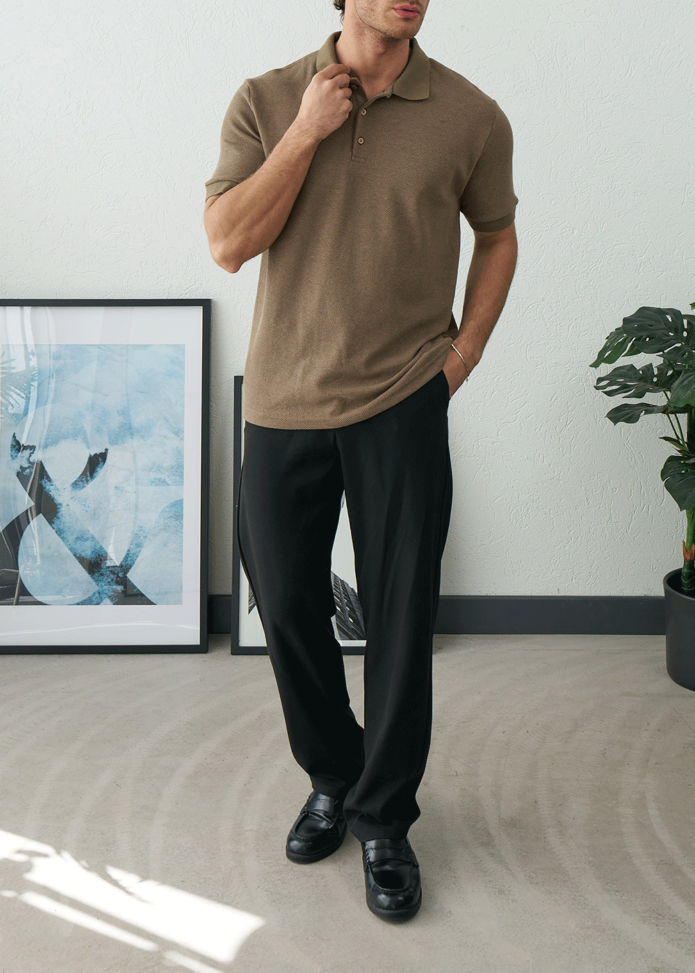 Polo T-Shirt Pique Textured – Καφέ – 4