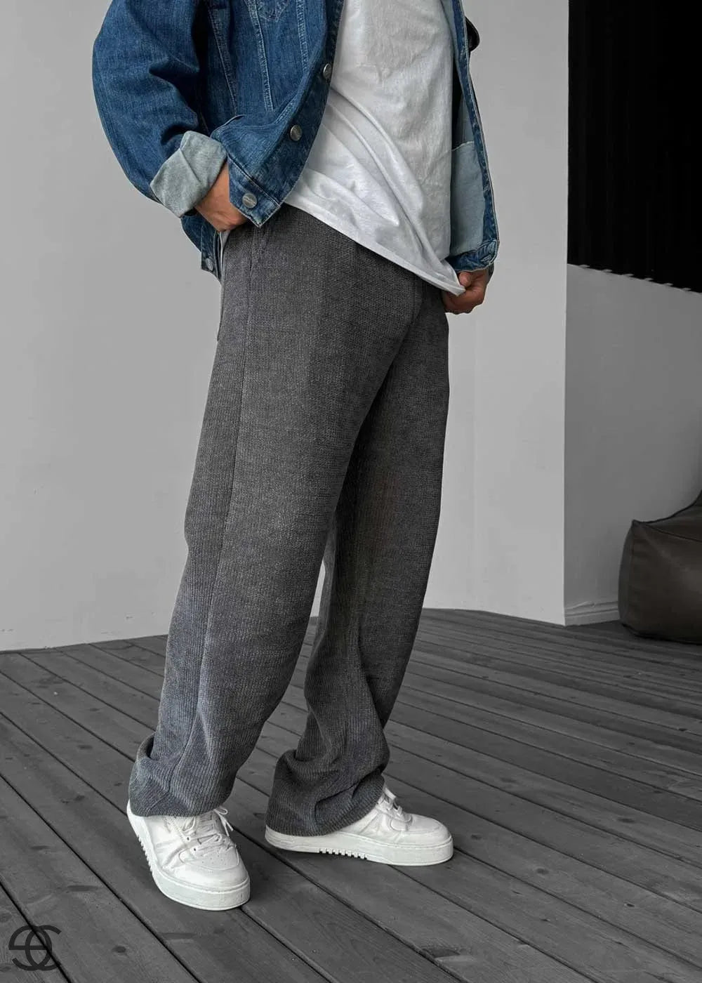 Basic Πλεκτό Baggy Παντελόνι Με Λάστιχο Στη Μέση – Ανθρακί – 4