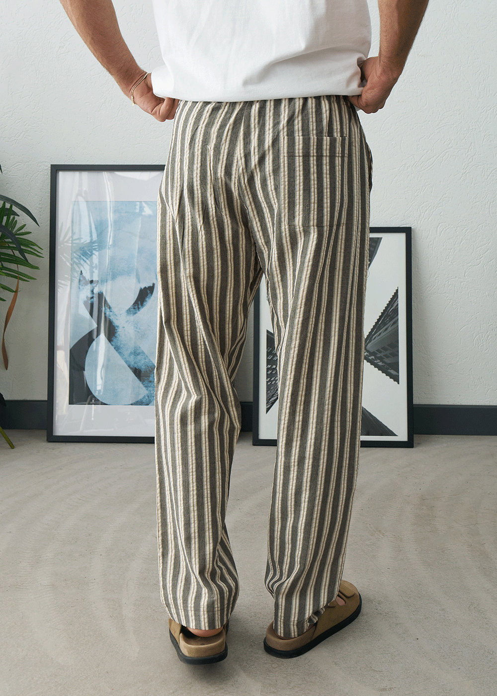 Παντελόνι Regular Baggy Seersucker Stripe Drawstring – Καφέ