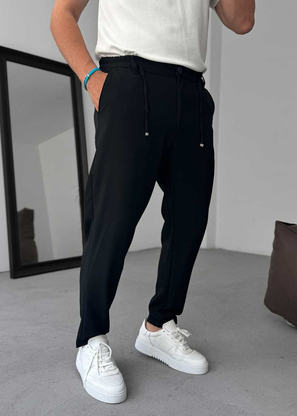 Relaxed Fit Υφασμάτινο Παντελόνι με Λάστιχο – Μαύρο