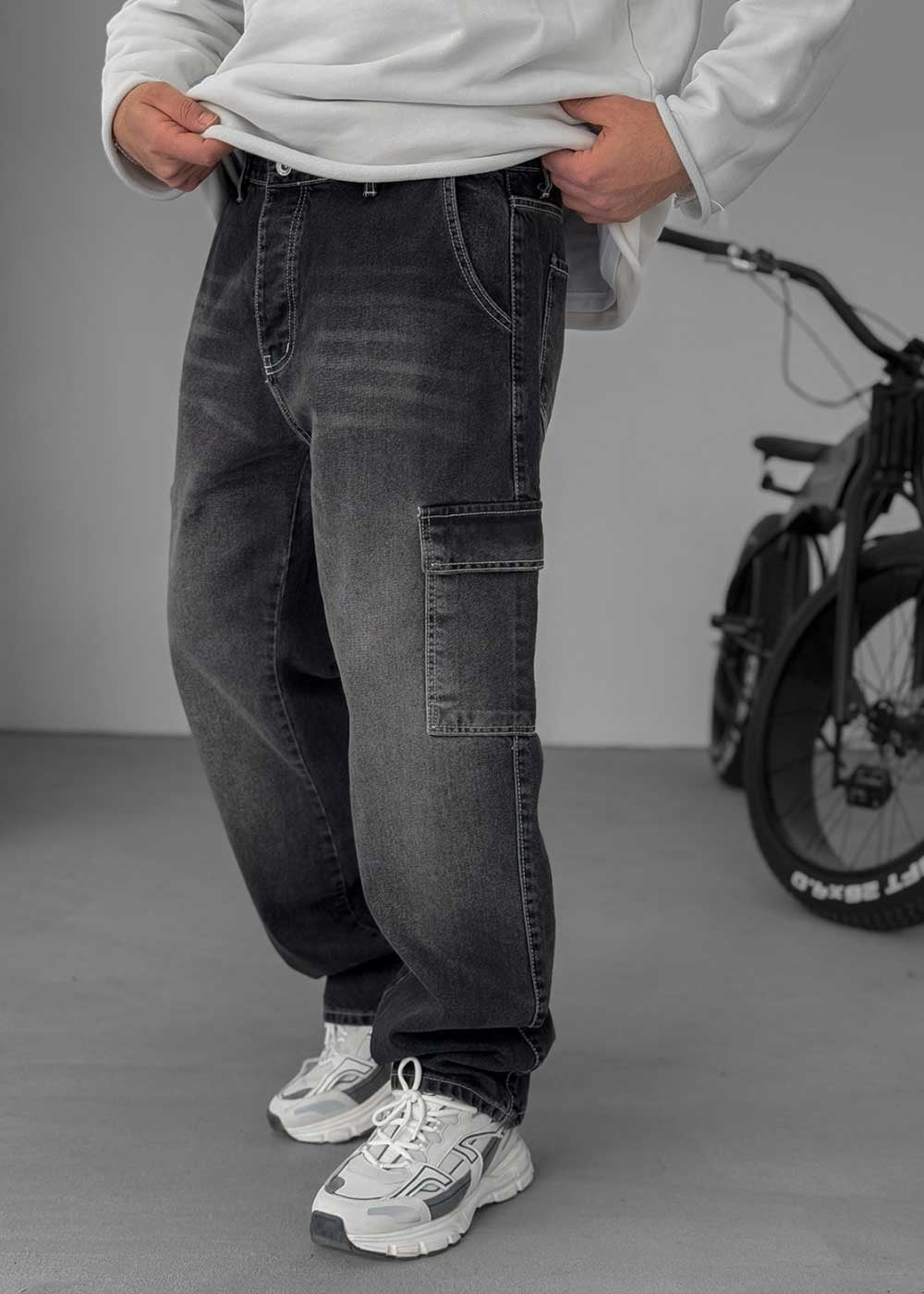 Cargo Baggy Denim Τζιν Με Ραφές – Ξεββαμένο Μαύρο
