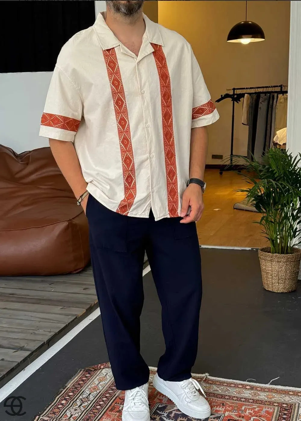 Oversized Πουκάμισο Με Απλικέ Δαντέλα Και Κοντό Μανίκι - Μπεζ – 4