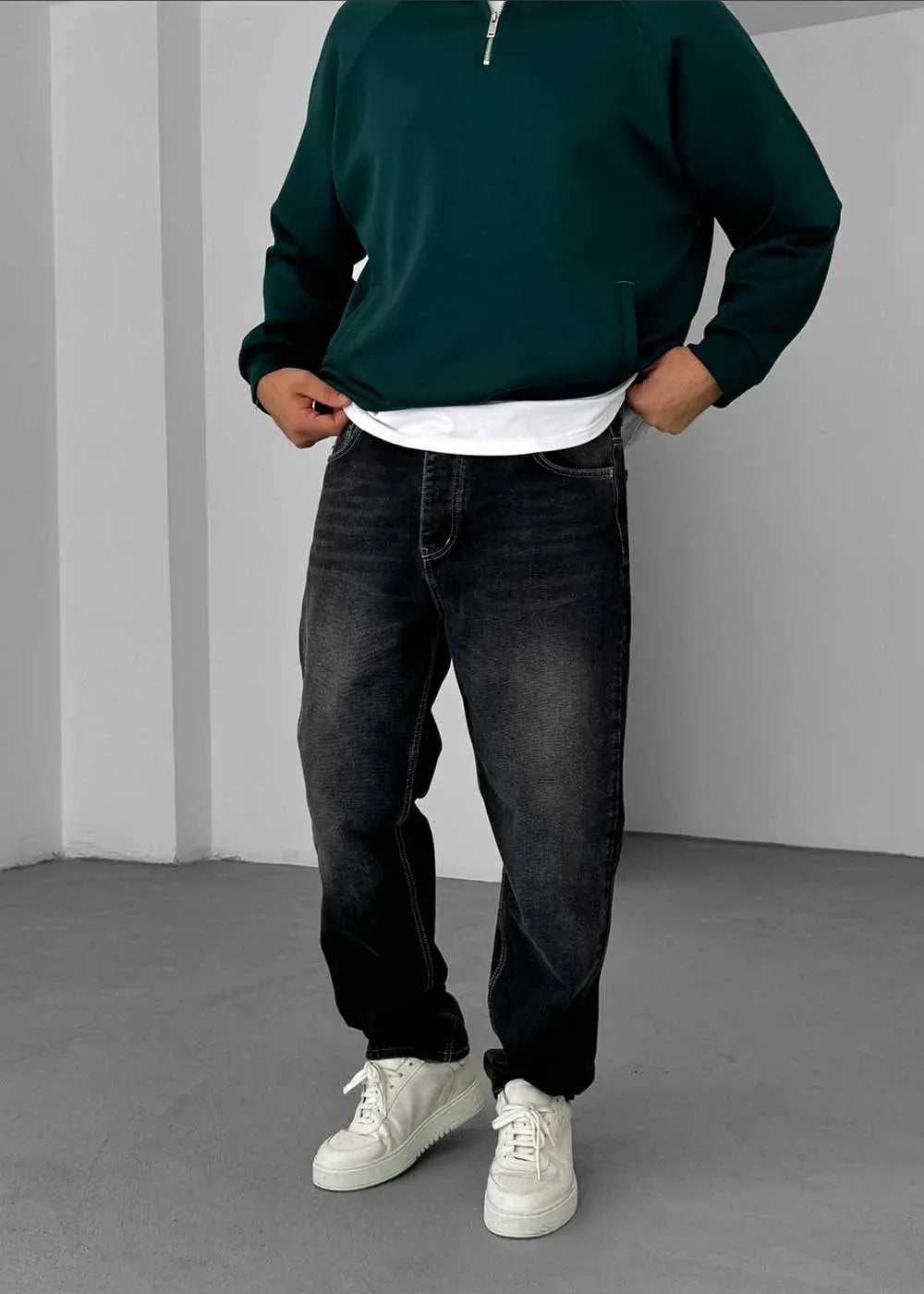 Baggy Denim Τζιν Παντελόνι Με Ραφές Και Ξεβαμμένο Εφέ – Ανθρακί – 6