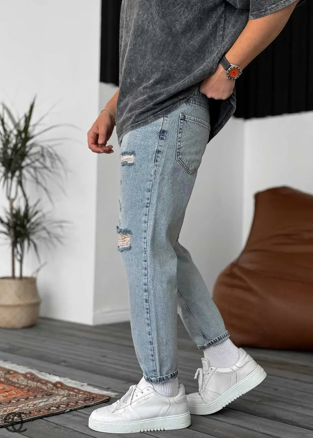 Παντελόνι Τζιν Loose Fit Με Σκισίματα -Επεξεργαμένο Γαλάζιο – 3