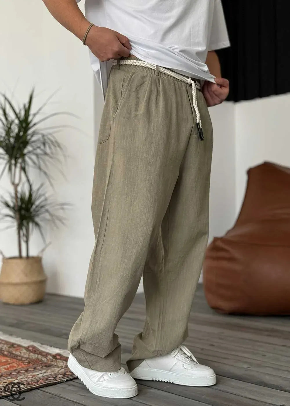 Oversized Λινό Παντελόνι Με Κορδόνι- Χακι