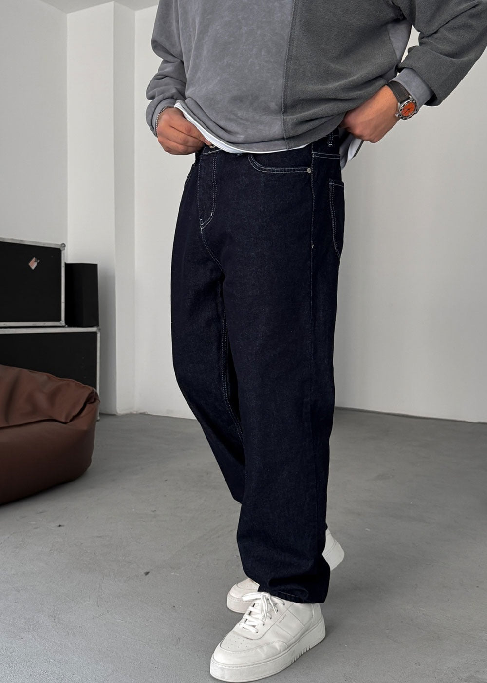 Baggy Denim Τζιν Παντελόνι Με Ραφές – Σκούρο Μπλε – 4