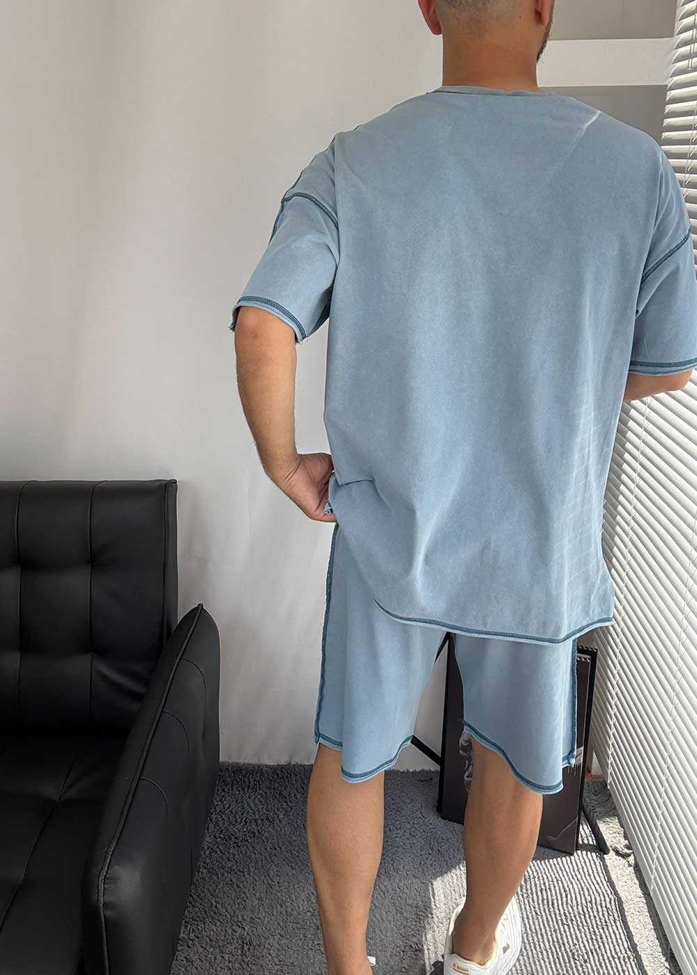 Distressed Σετ Tshirt και Βερμούδα με Λάστιχο στη Μέση – Γαλάζιο Ξεβαμμένο – 4